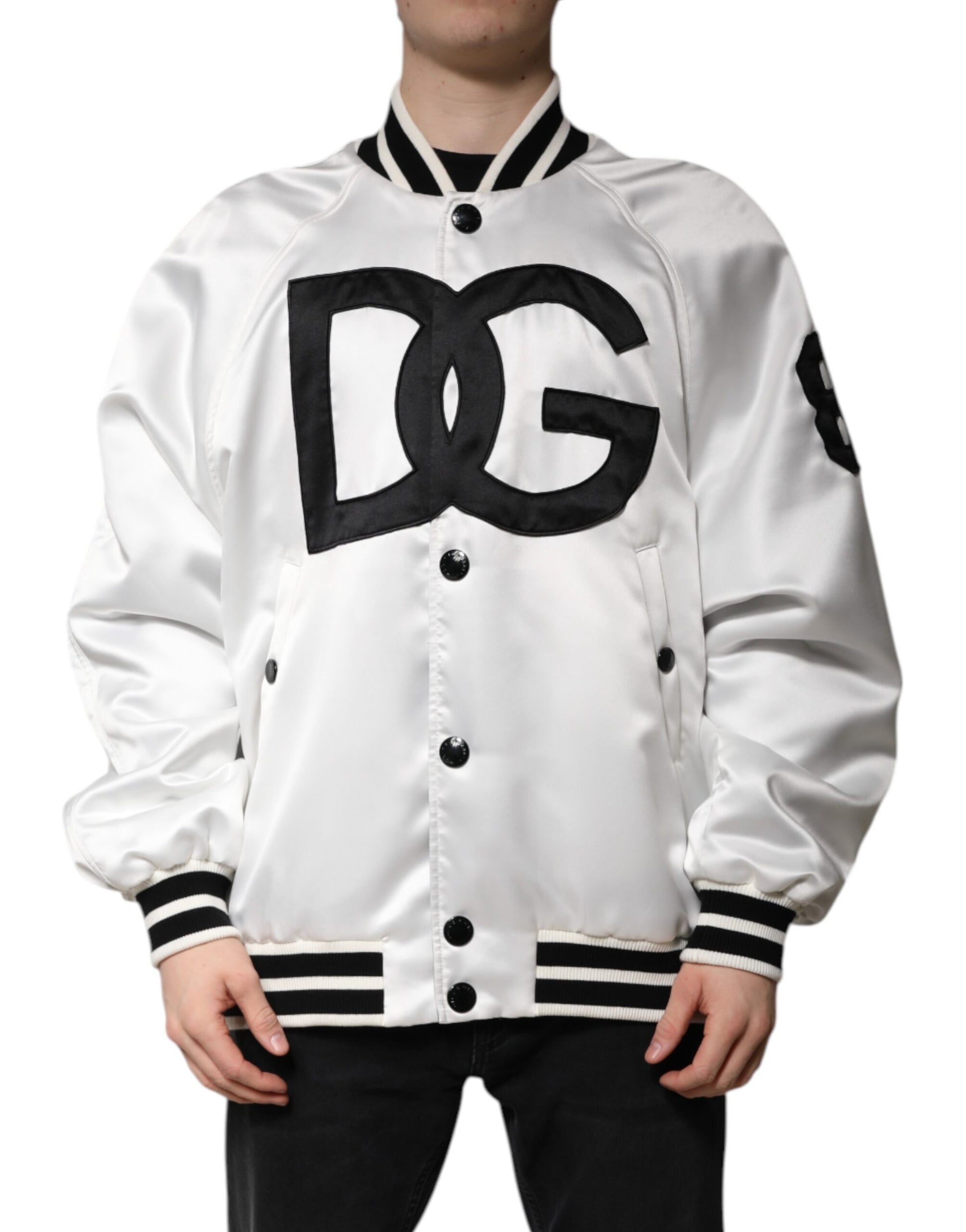 Dolce & Gabbana White DG Logo Polyester Jersey Bomber Jacket