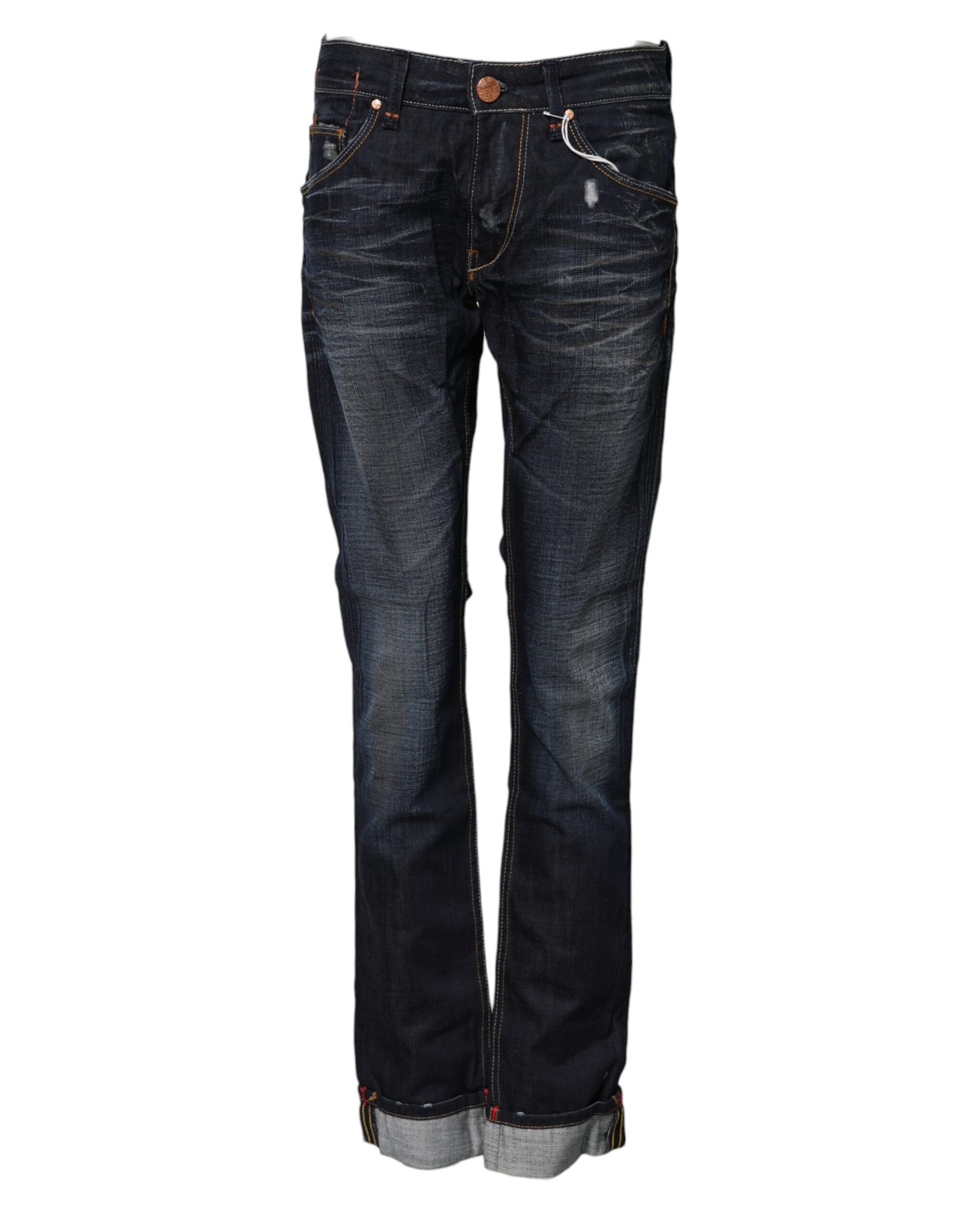 Acht Blue Washed Cotton Mid Waist Flared Denim Jeans