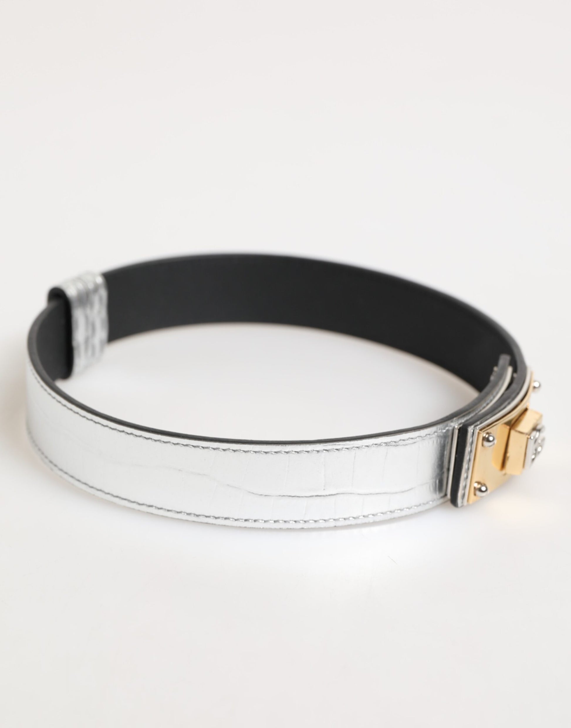 Dolce & Gabbana Silver Textured Leather Gold Tone Metal Neckband
