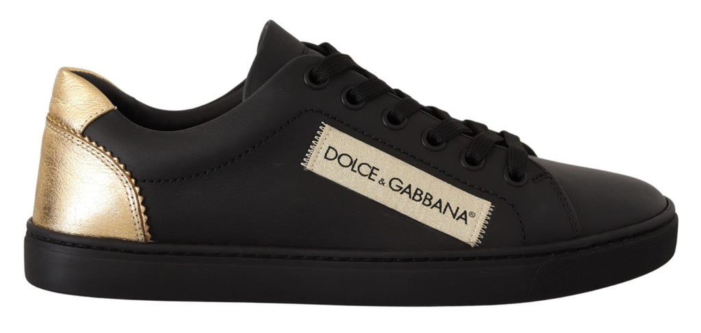 Dolce & Gabbana Black Gold Leather Low Top Sneakers Womens Shoes