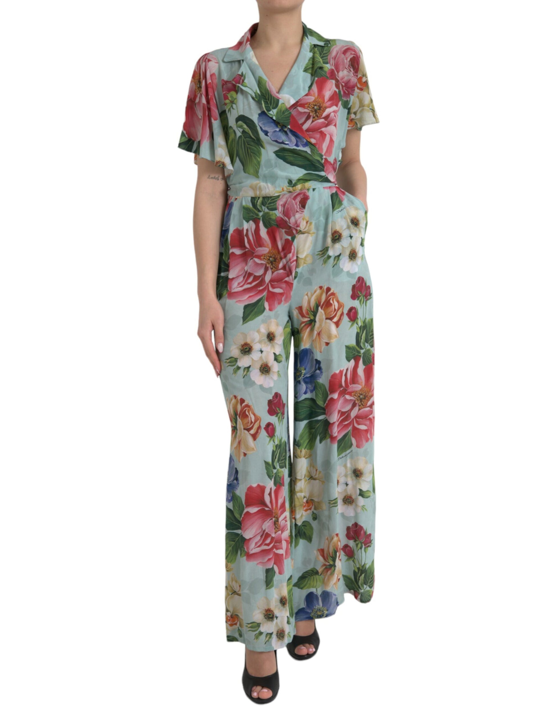 Dolce & Gabbana Blue Floral Wide Leg Wrap Jumpsuit Dress