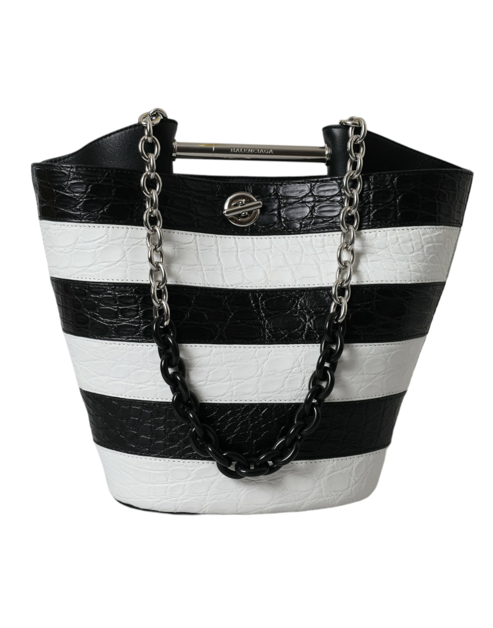 Balenciaga Black White Striped Exotic Skin Leather Maxi Bucket Tote Bag