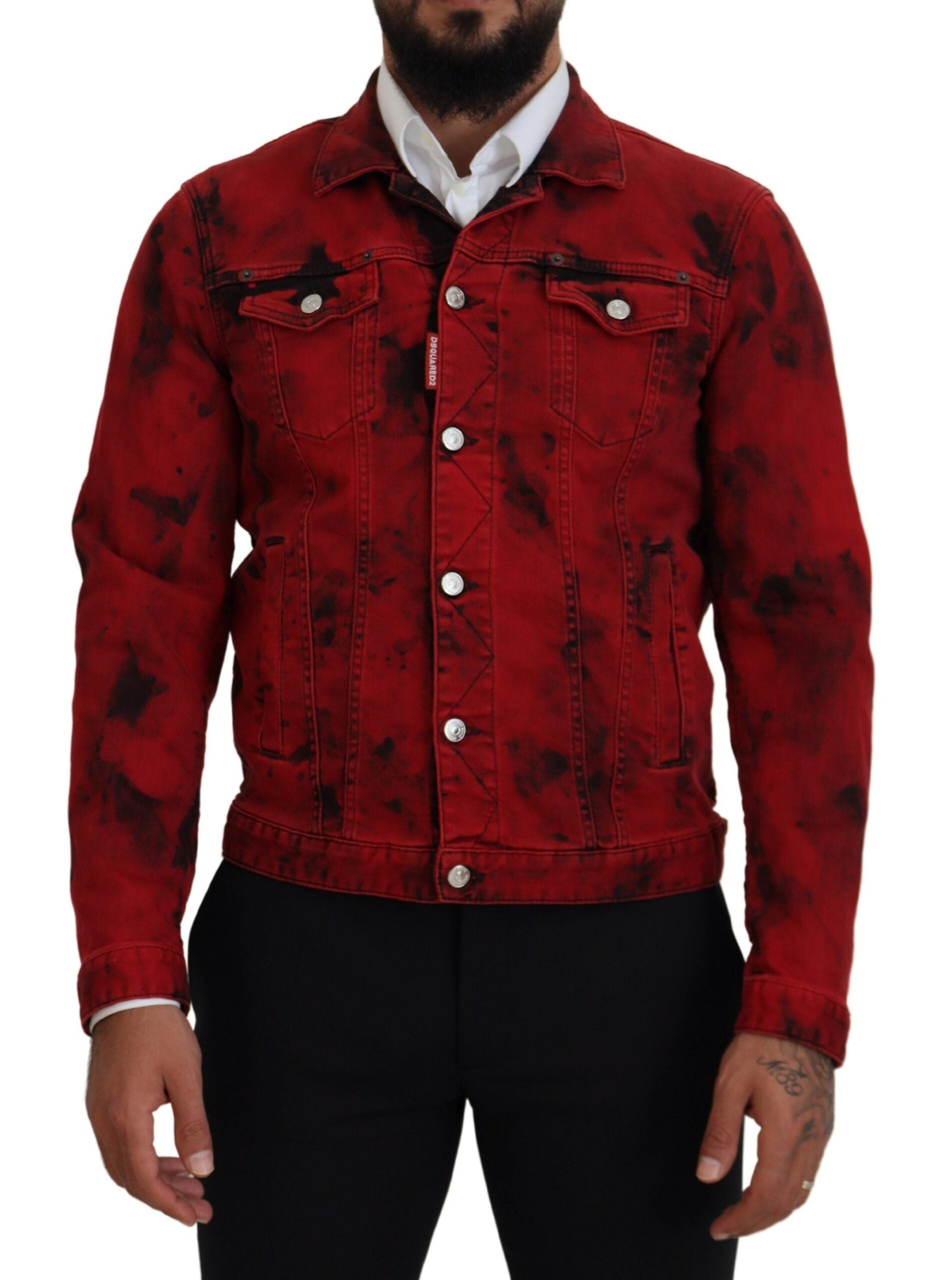 Dsquared¬≤ Red Black Tie Dye Collared Men Denim Jacket