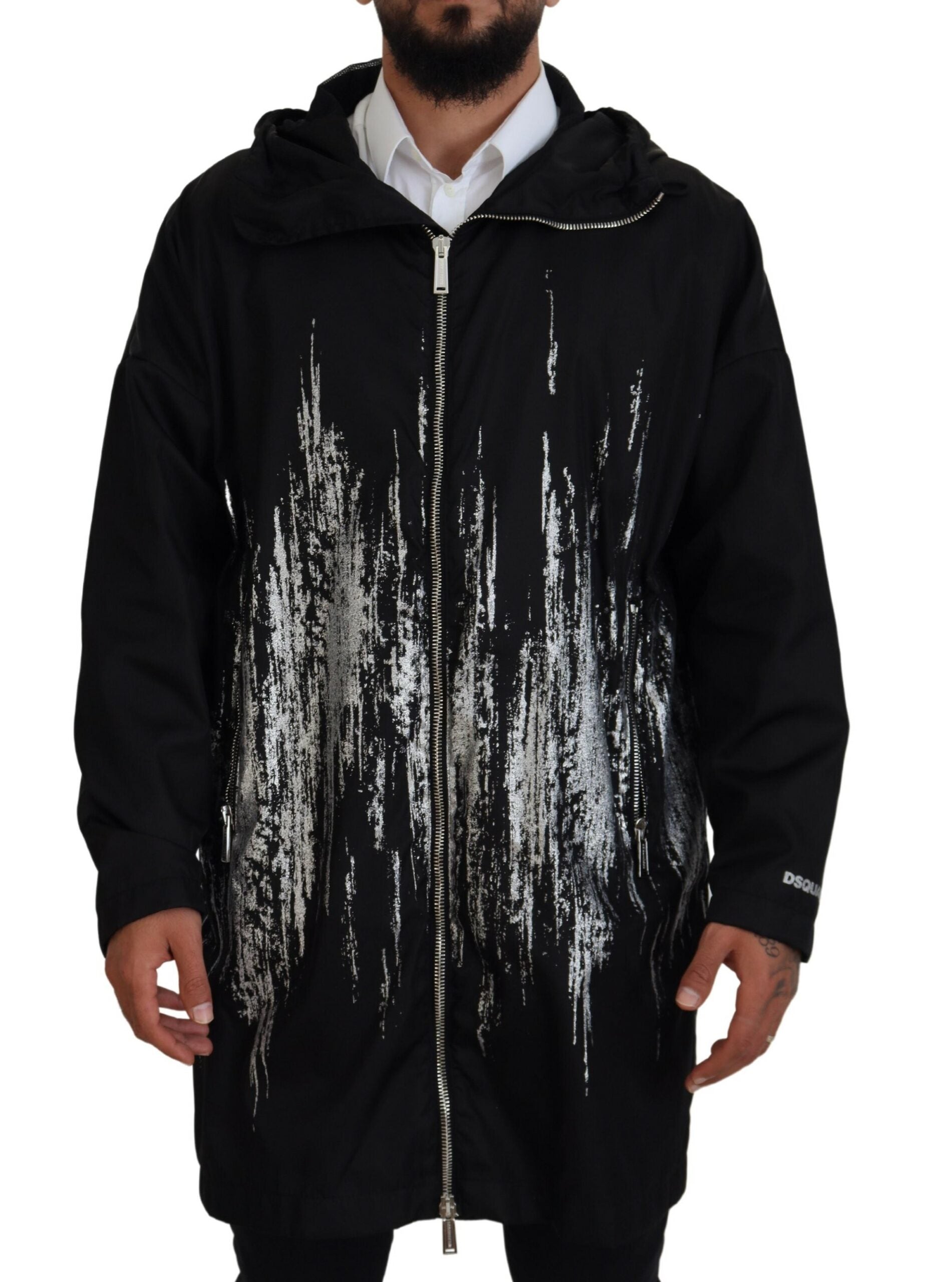 Dsquared¬≤ Black White Print Long Hooded Coat Nylon Jacket