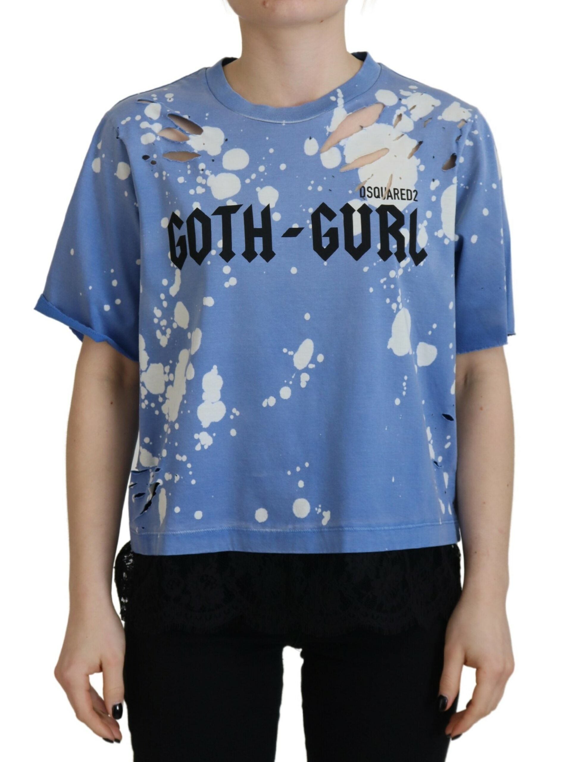 Dsquared¬≤ Blue Goth Gurl Print Black Lace Cotton Tee T-shirt