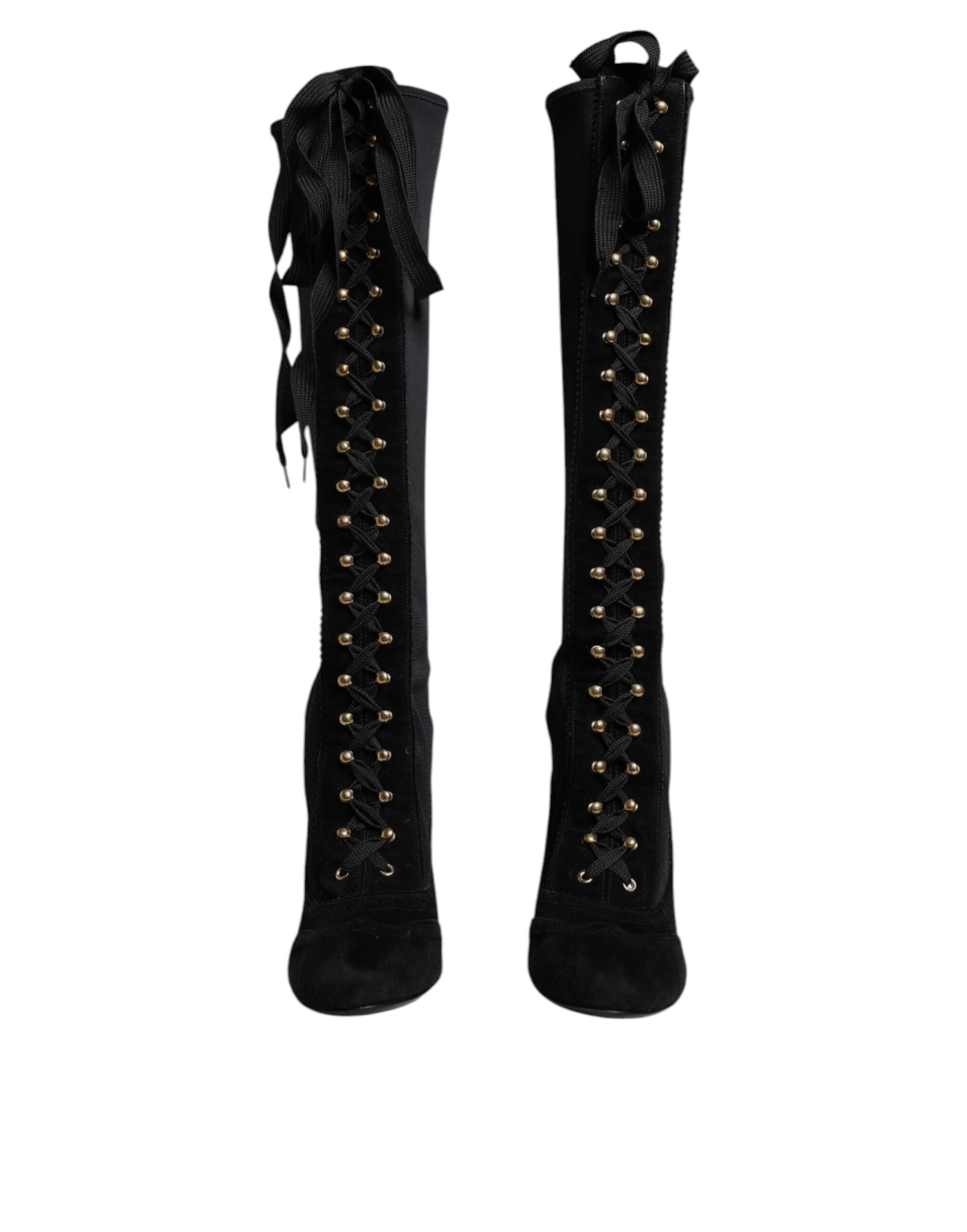 Dolce & Gabbana Black Lace Up Heels High Boots Shoes