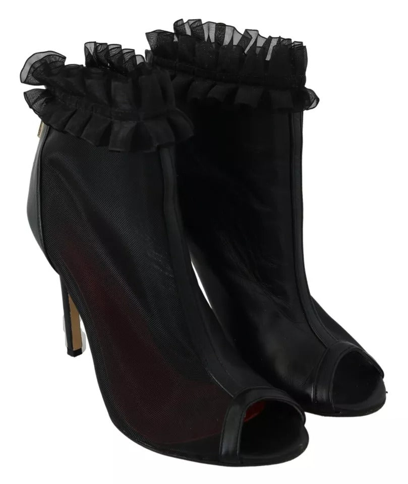 Mangano Black Leather Mesh Stiletto High Heels Peep Toe Boots Shoes