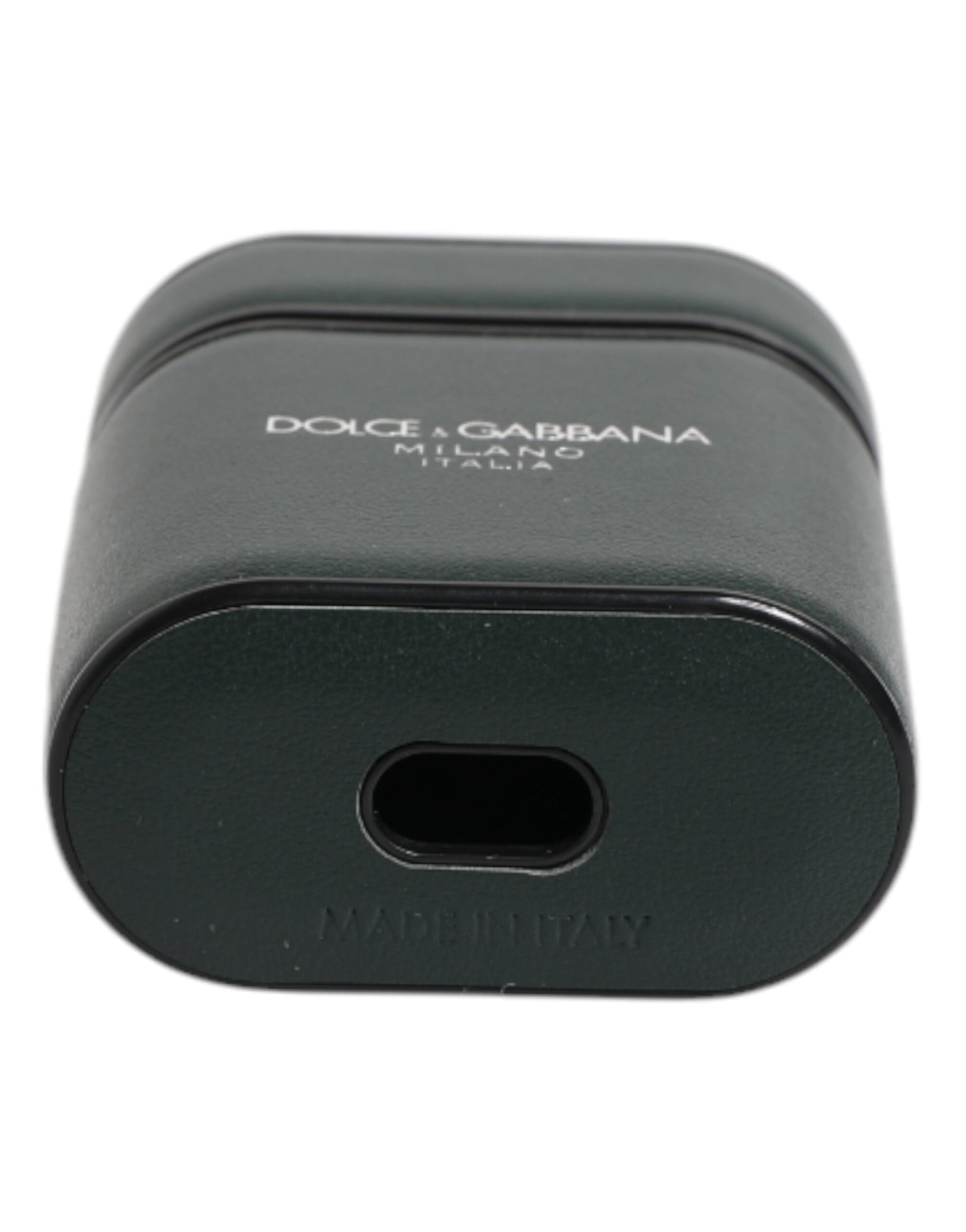 Dolce & Gabbana Green Calfskin Leather Logo Print Flip Holder Airpods Case