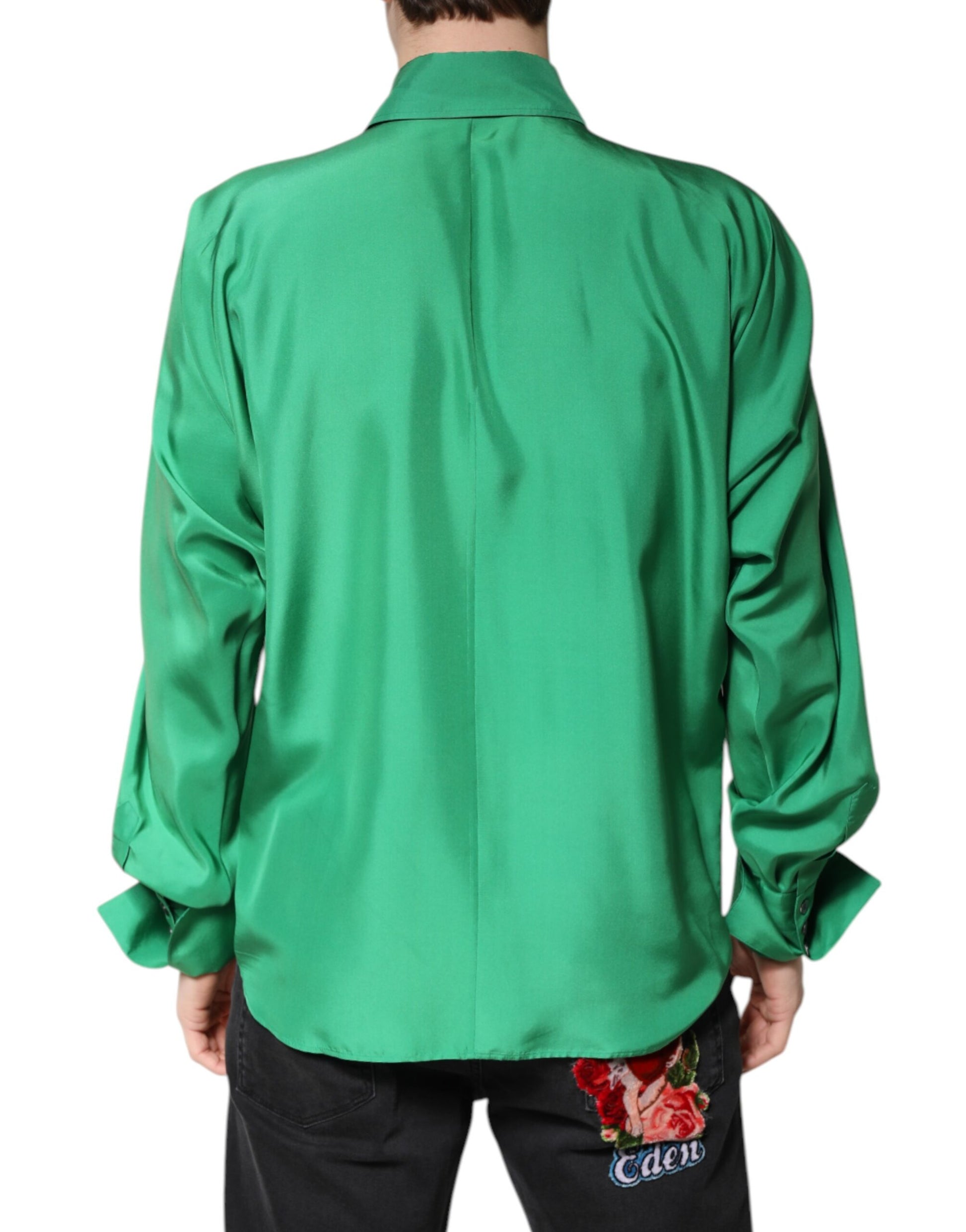 Dolce & Gabbana Green Silk Satin Long Sleeves Casual Shirt