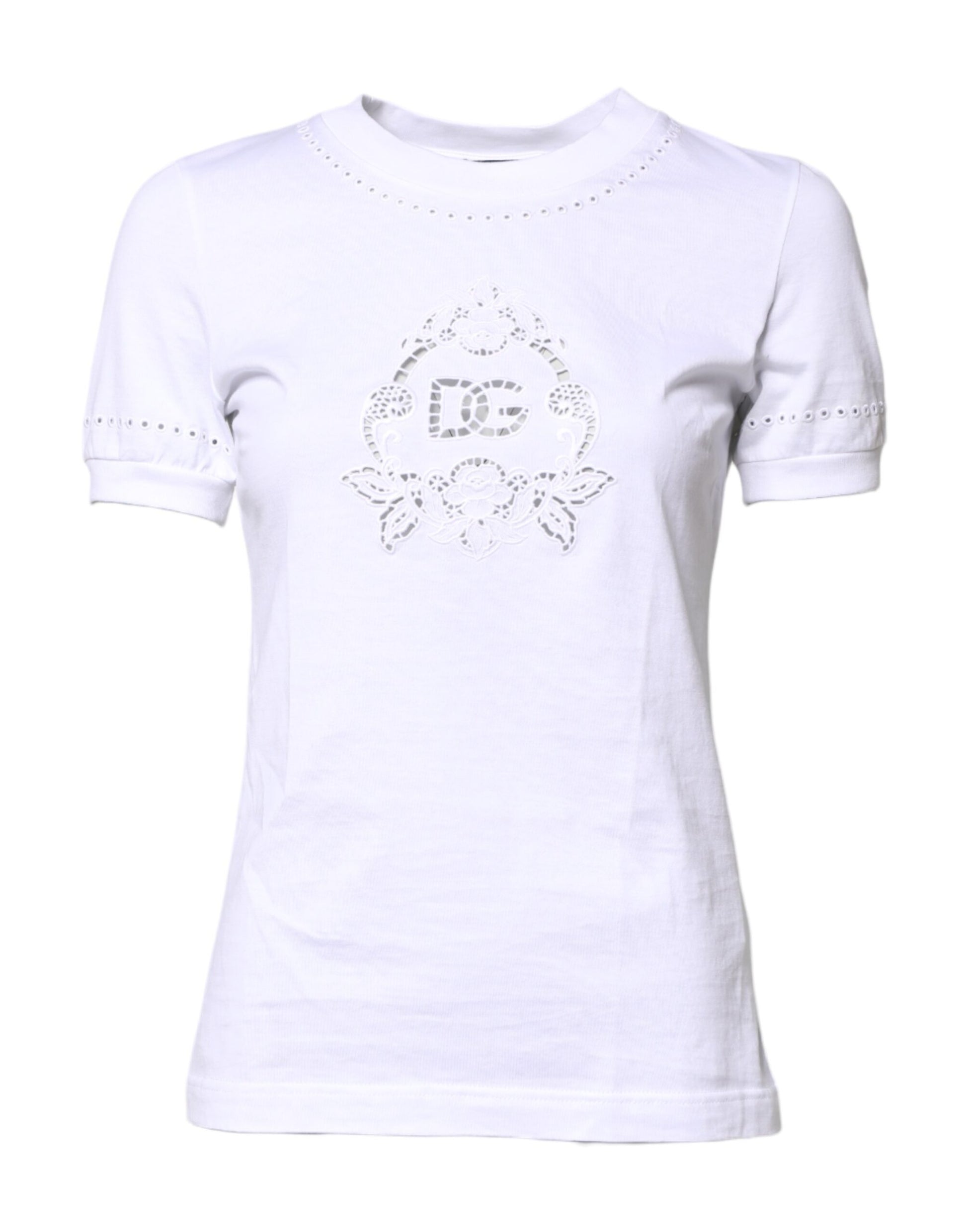 Dolce & Gabbana White Cotton Floral Logo Crew Neck T-shirt