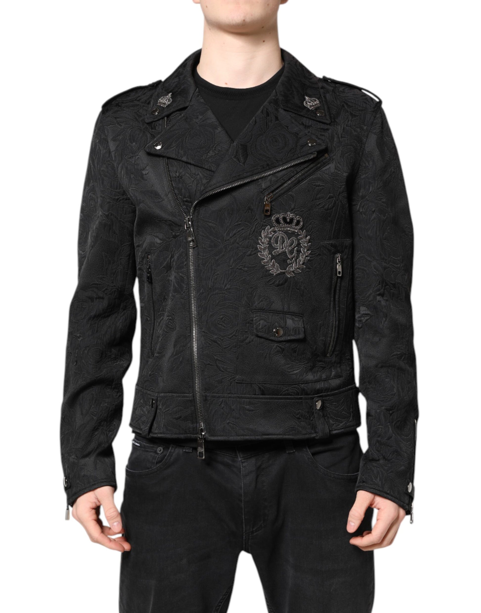 Dolce & Gabbana Black Brocade Cotton Full Zip Biker Jacket