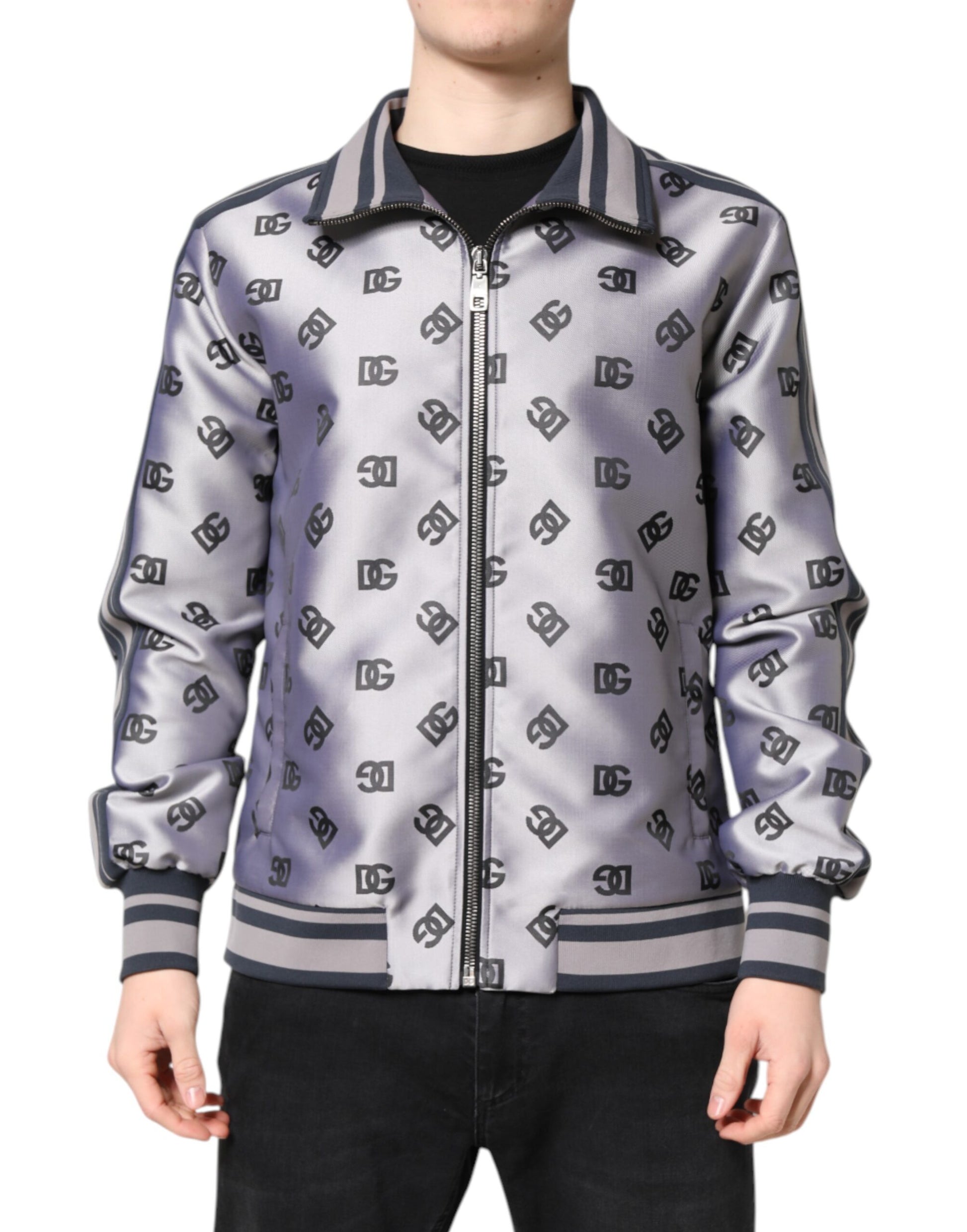 Dolce & Gabbana Gray Logo Monogram Full Zip Bomber Jacket