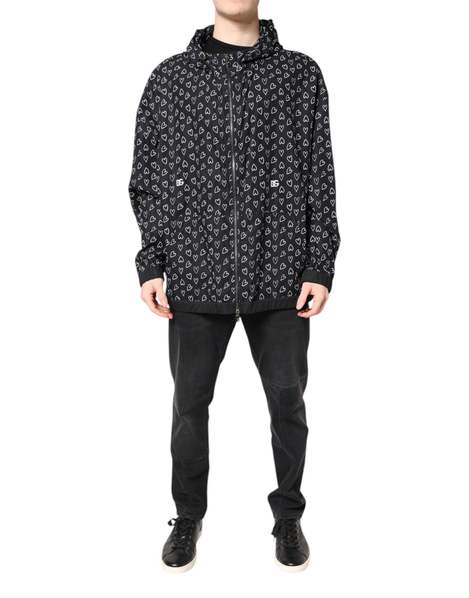 Dolce & Gabbana Black Heart Print Hooded Windbreaker Jacket