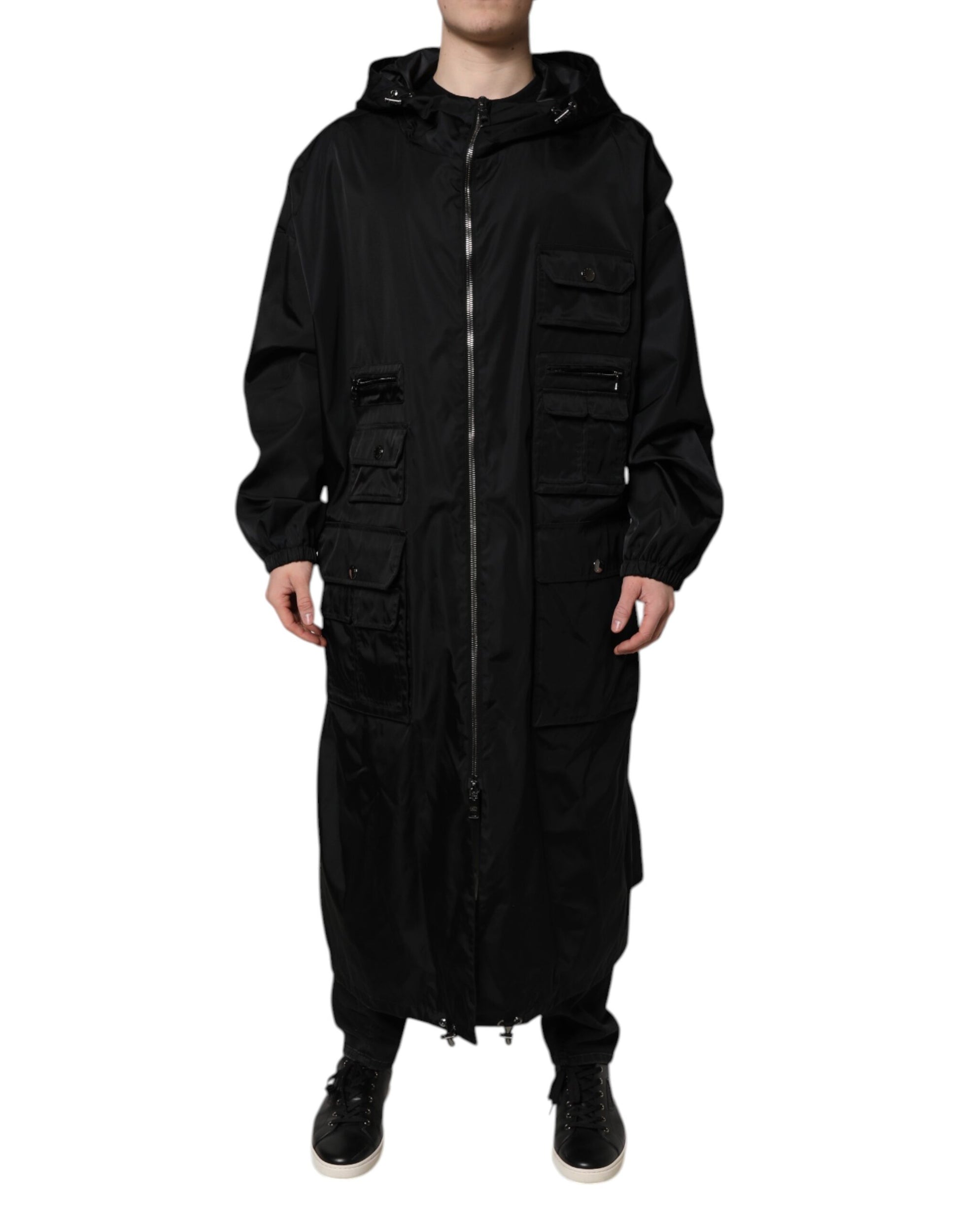 Dolce & Gabbana Black Hooded Long Men Windbreaker Jacket