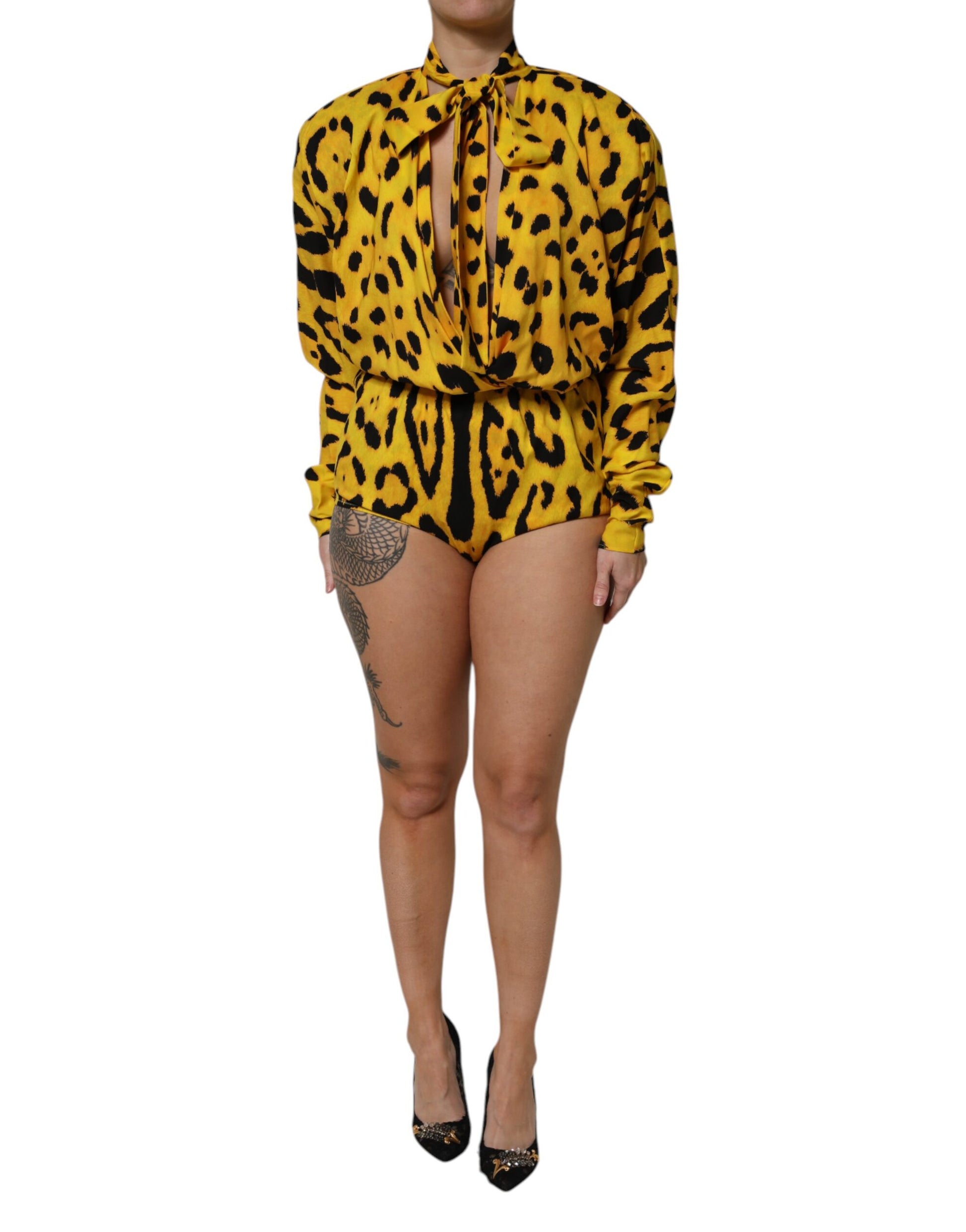 Dolce & Gabbana Yellow Leopard Long Sleeves Jumpsuit Dress