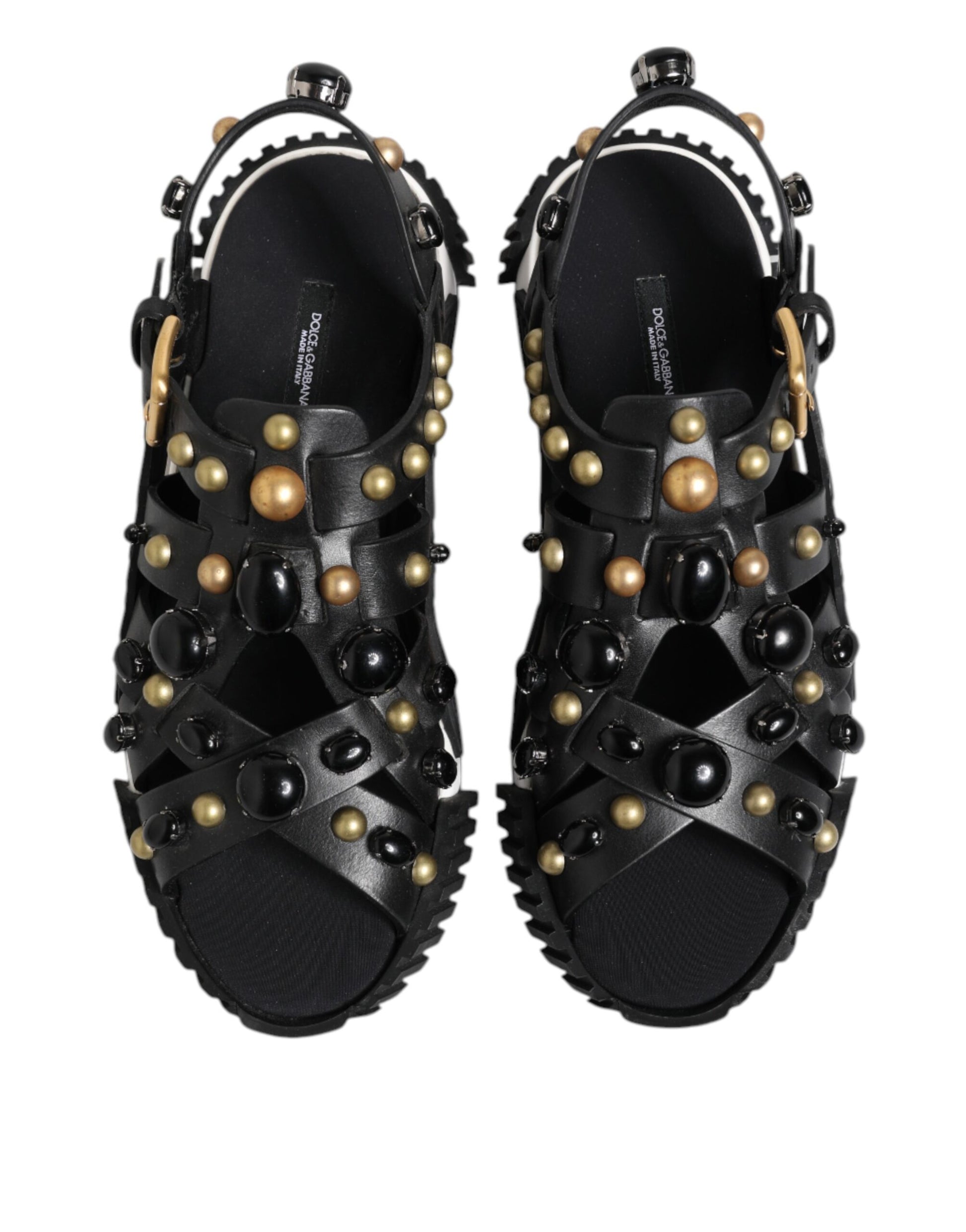 Dolce & Gabbana Black Leather Studded Ankle Strap Sandals Shoes