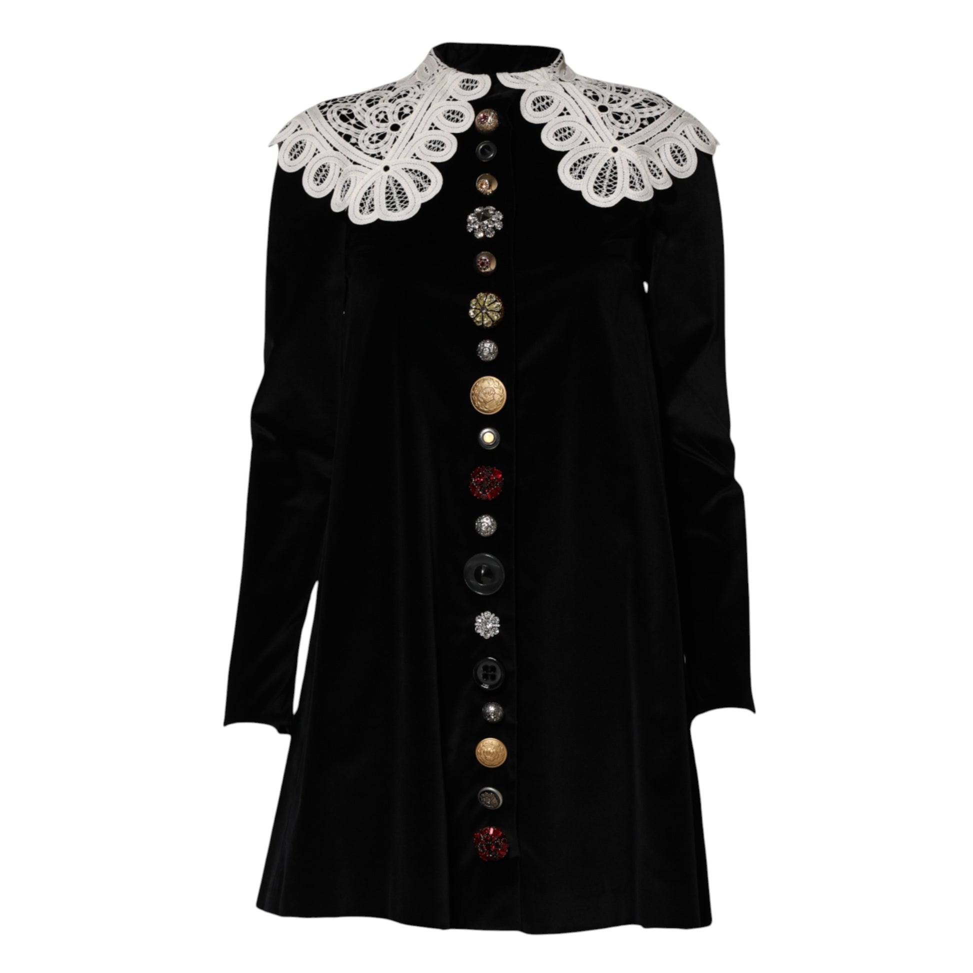 Dolce & Gabbana Black Velvet Lace Collared Embellished Dress