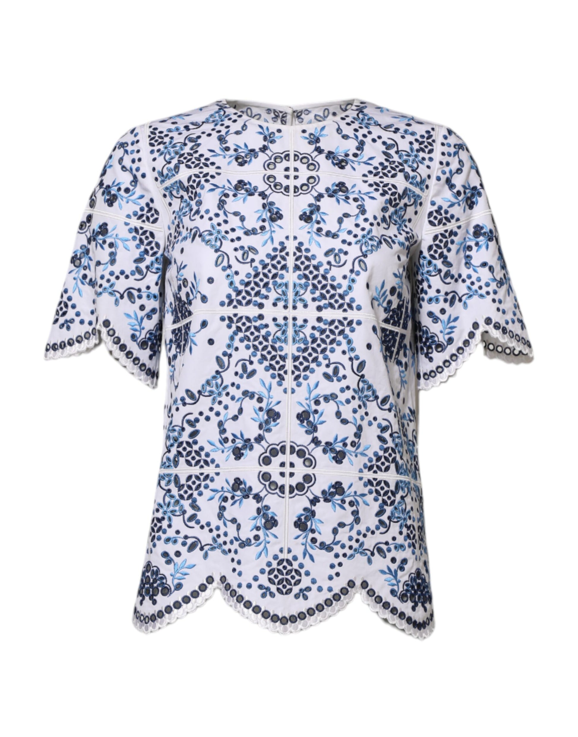 Dolce & Gabbana Blue Lace Eyelet Crew Neck Blouse Top
