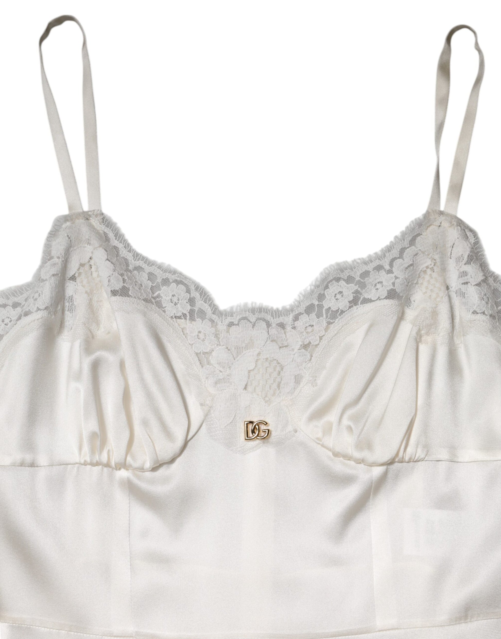 Dolce & Gabbana White Lace DG Logo Silk Dress Sleepwear
