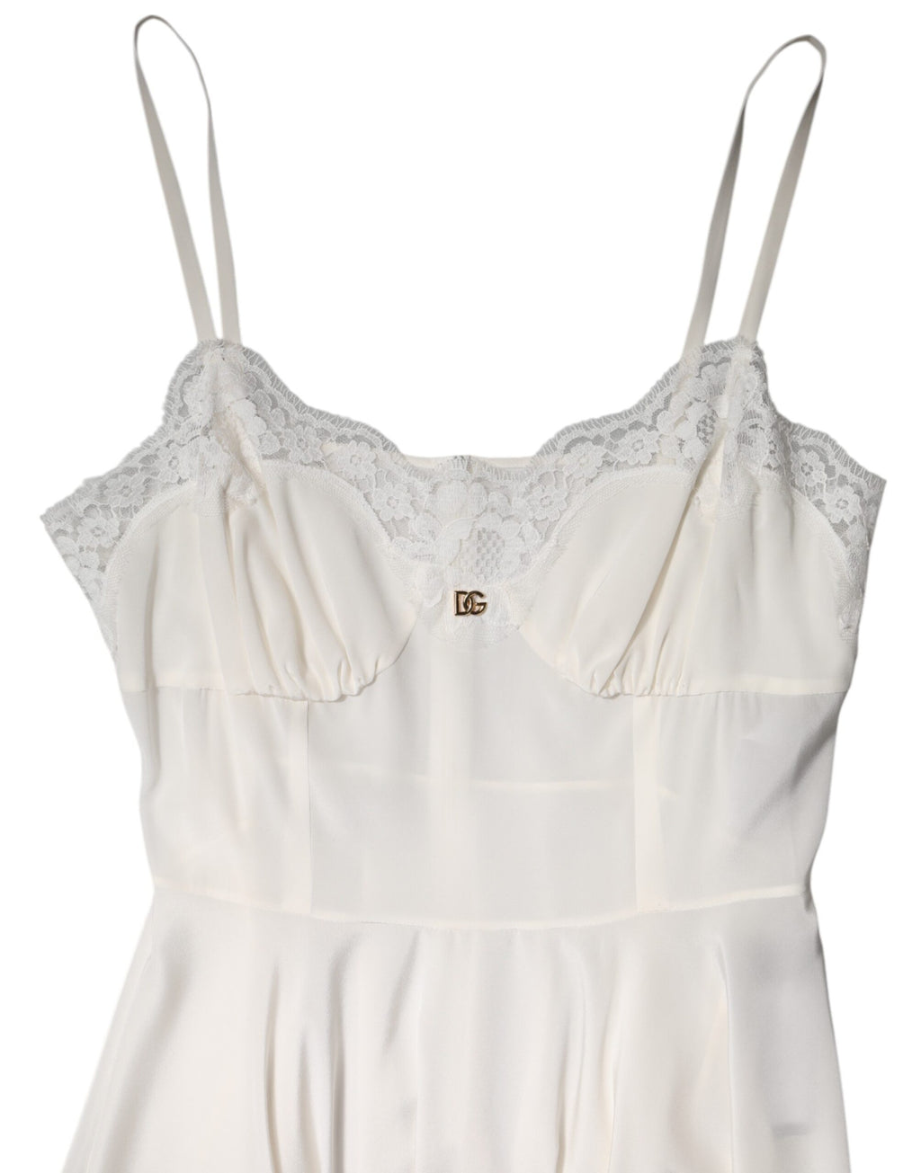 Dolce & Gabbana White Lace Gold DG Logo Silk Dress Sleepwear