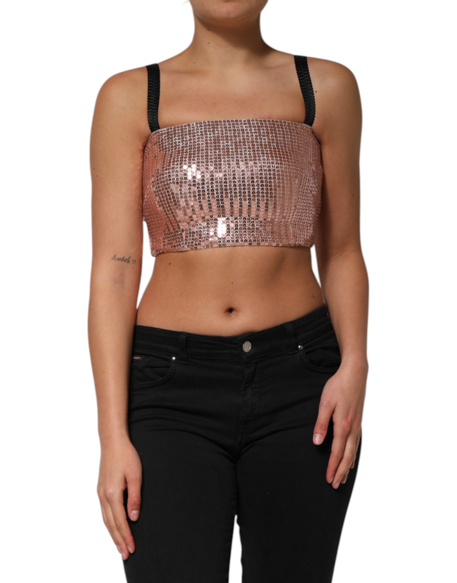 Dolce & Gabbana Pink Sequined Nylon Sleeveless Cropped Top