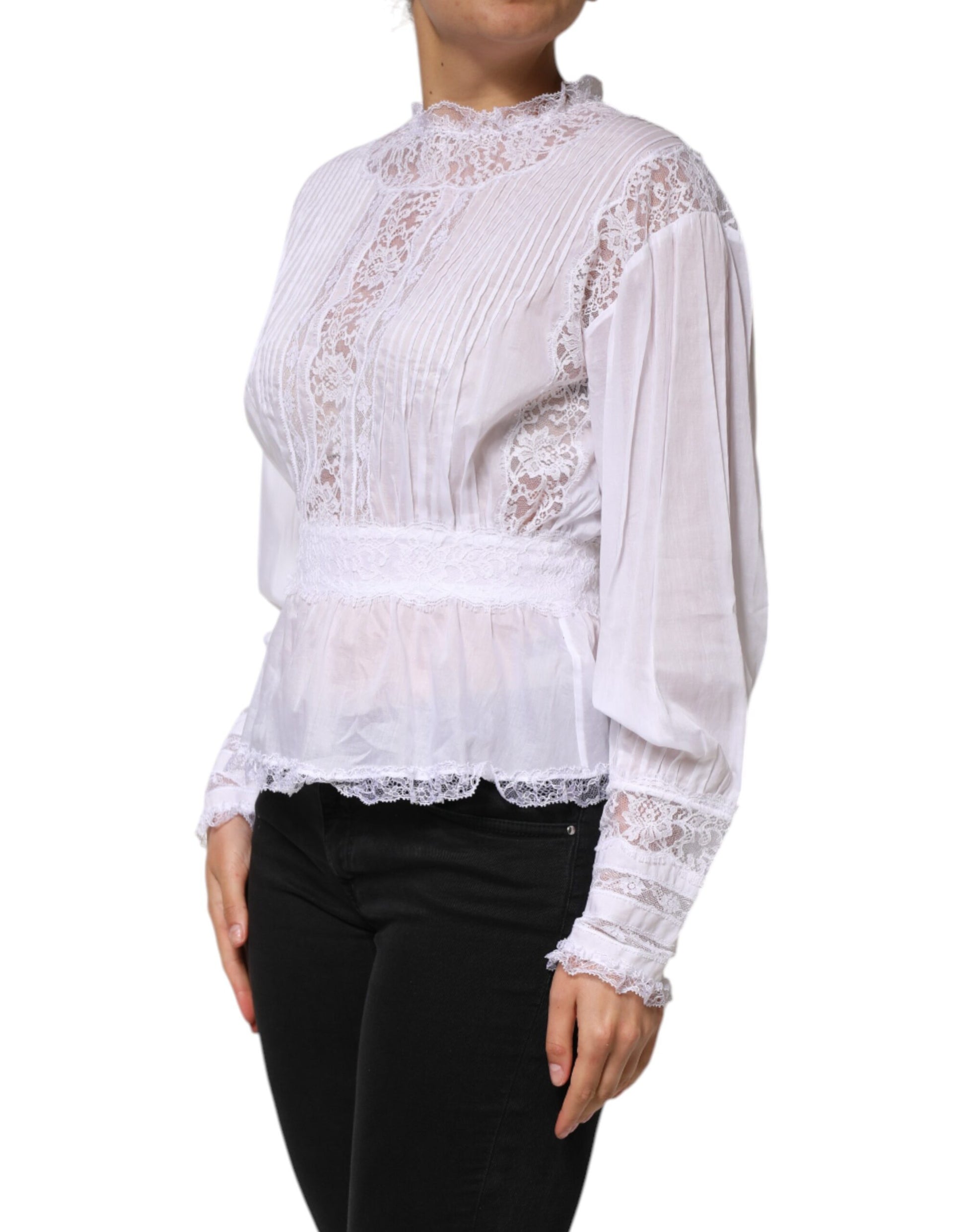 Dolce & Gabbana White Cotton Floral Lace Long Sleeves Top