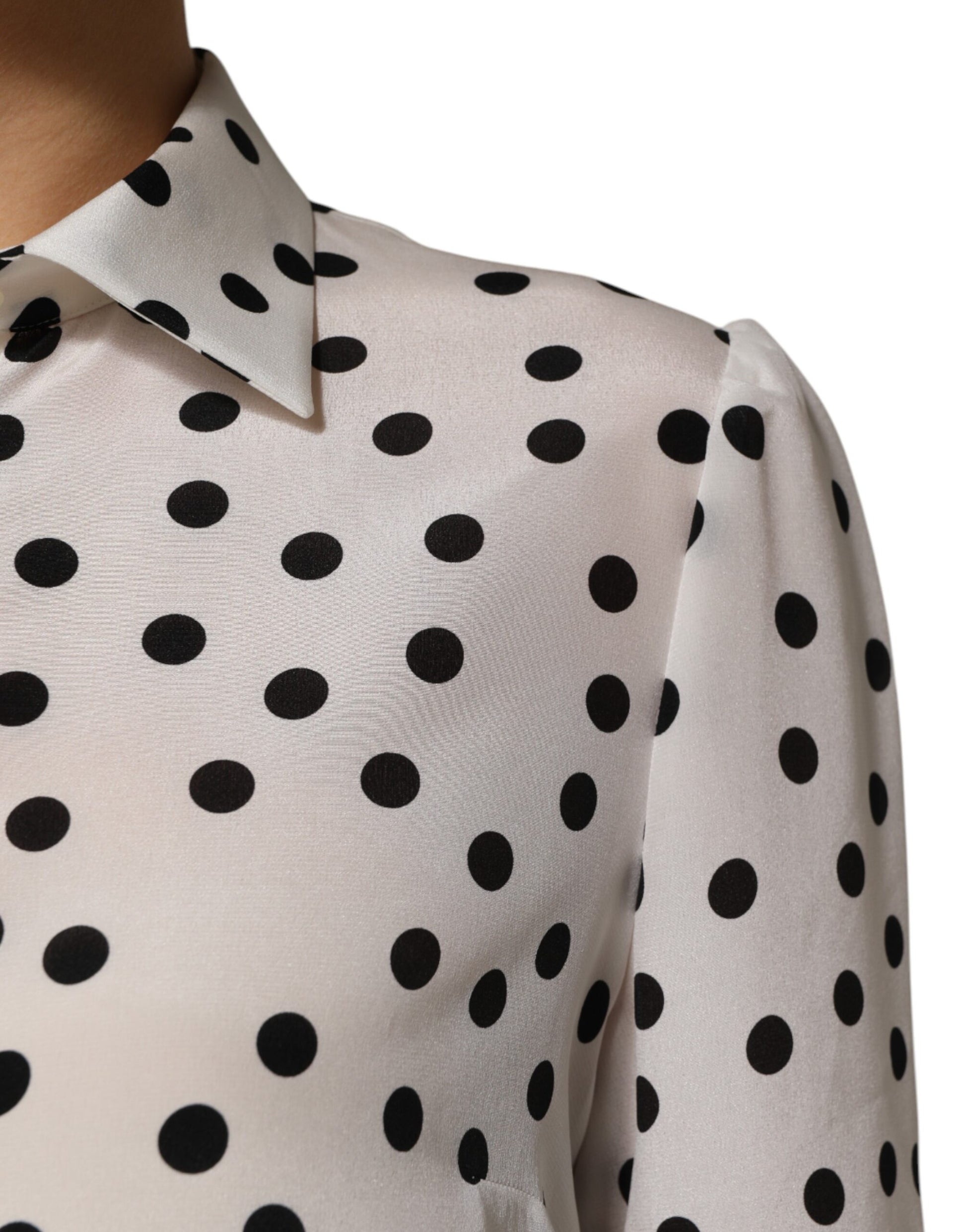 Dolce & Gabbana White Black Dotted Silk Long Sleeves Top