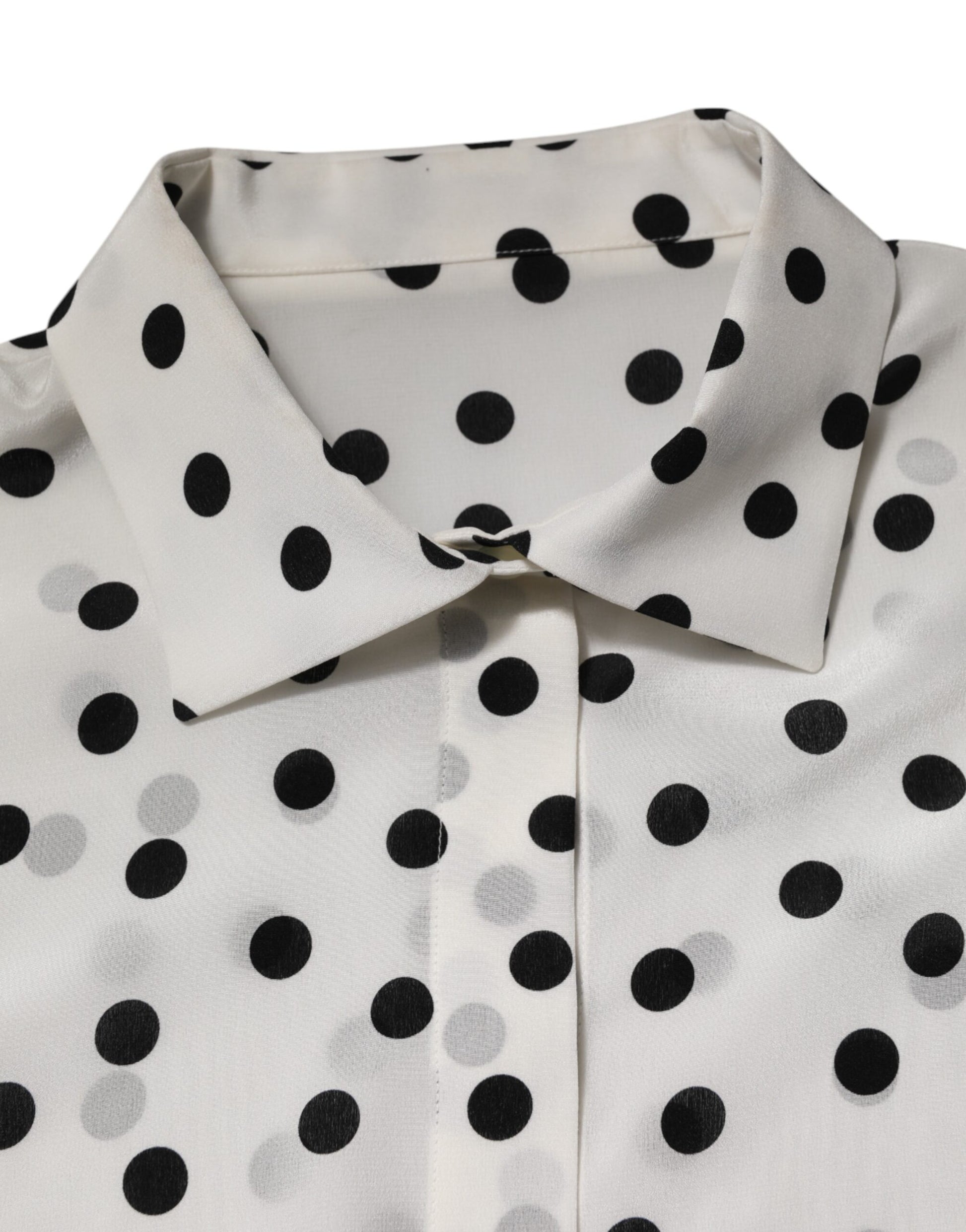 Dolce & Gabbana White Black Dotted Silk Long Sleeves Top