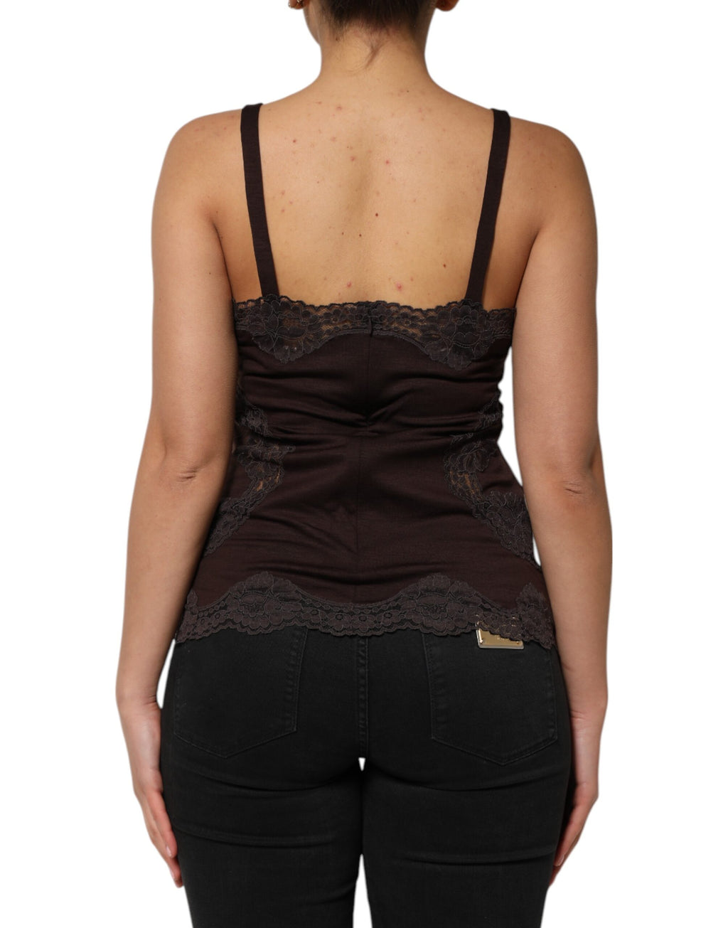 Dolce & Gabbana Dark Brown Lace Trim Wool Sleeveless Tank Top