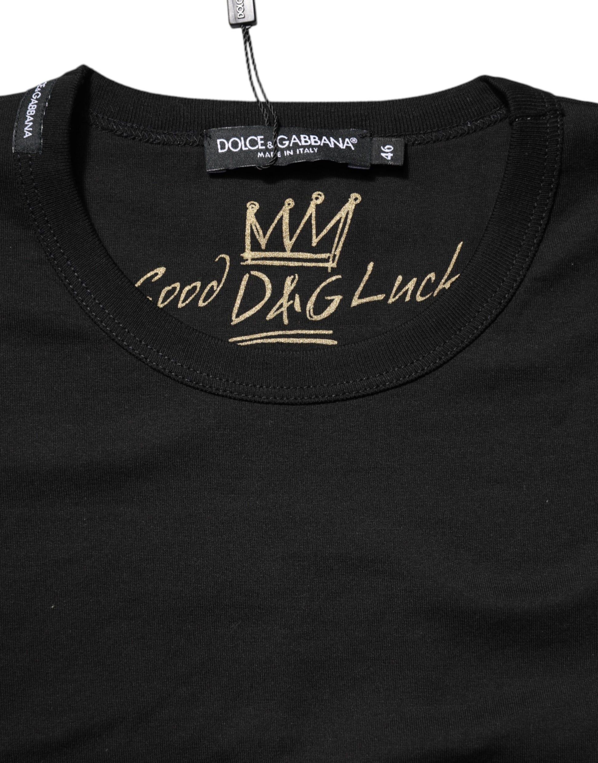 Dolce & Gabbana Black Cotton Goodluck Tee Crew Neck T-shirt