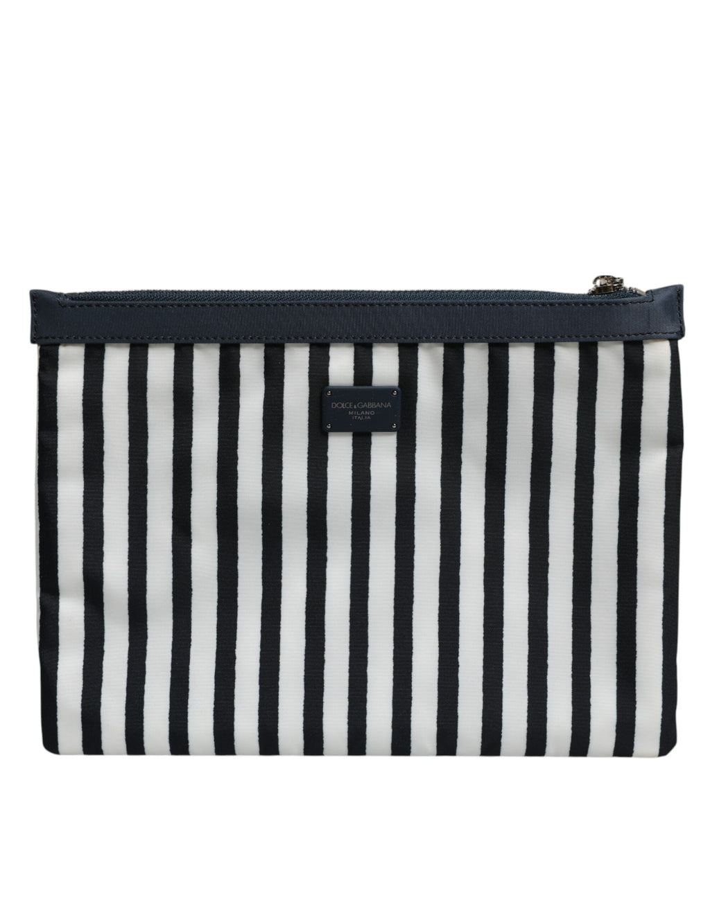 Dolce & Gabbana Black White Striped Logo Plaque Clutch Pouch Bag