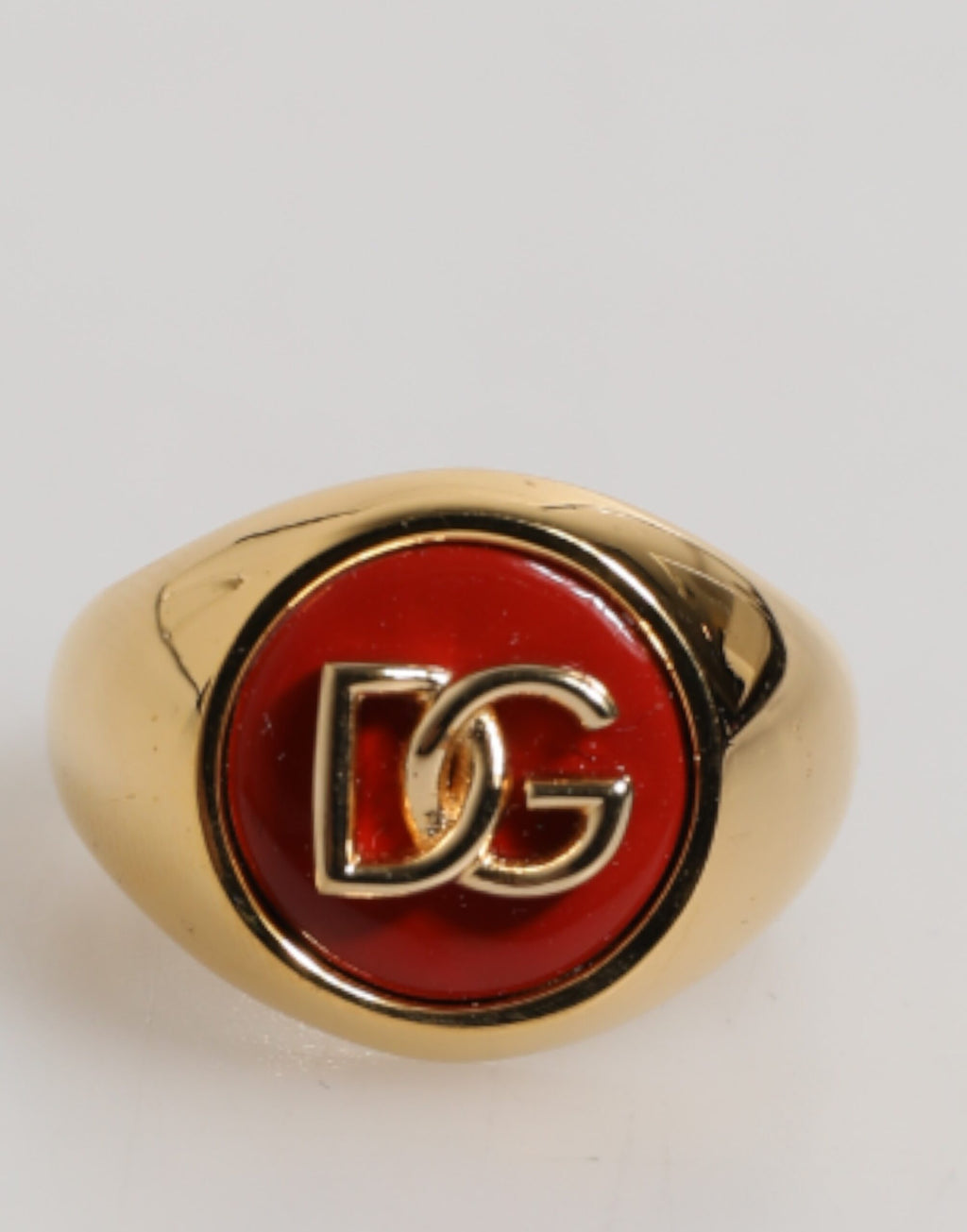Dolce & Gabbana Gold Tone Real Brass Round Red DG Logo Men Ring