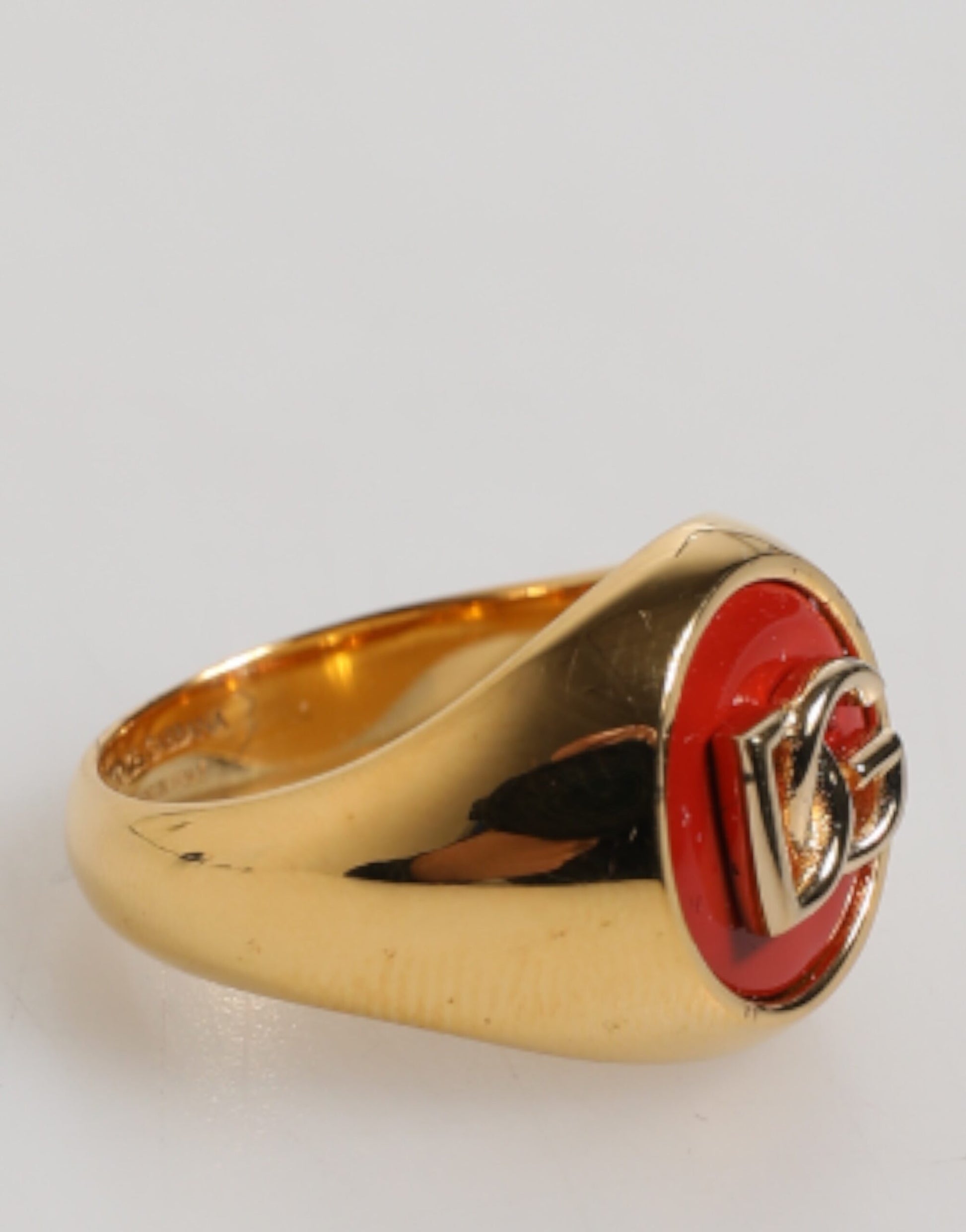 Dolce & Gabbana Gold Tone Real Brass Round Red DG Logo Men Ring