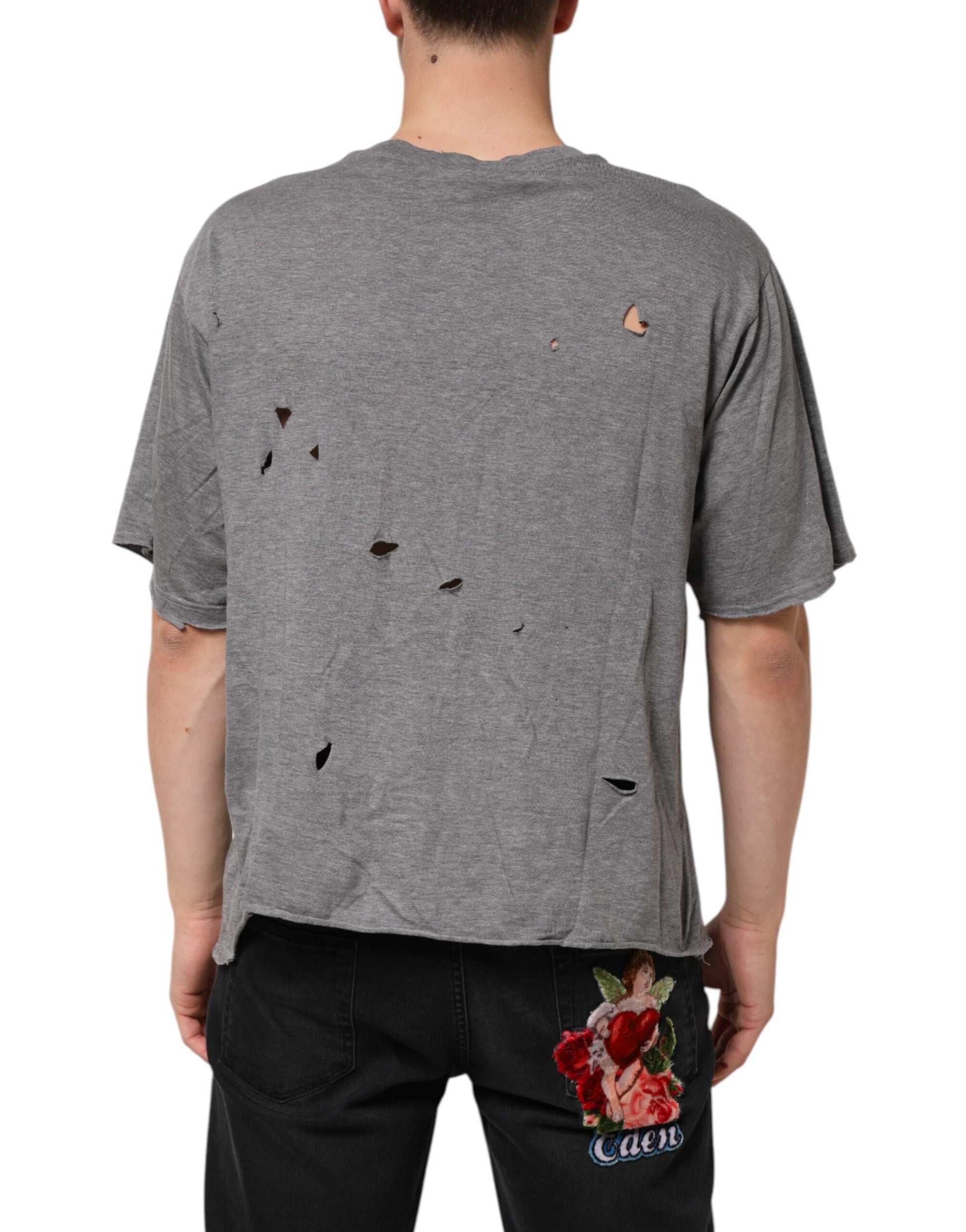 Dolce & Gabbana Gray Cotton Tattered Logo Patch Men T-shirt