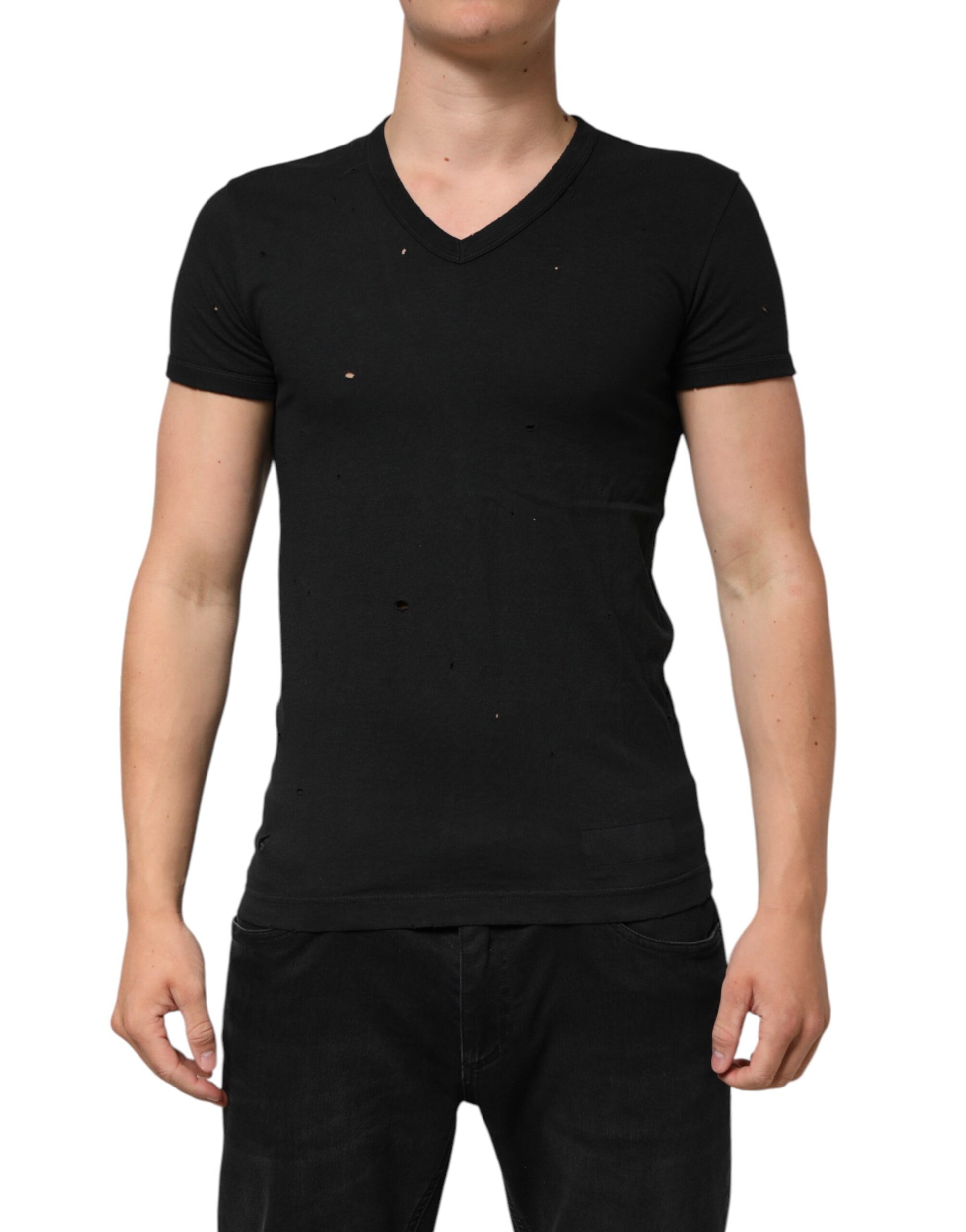 Dolce & Gabbana Black Cotton Tattered Logo V-Neck Men T-shirt