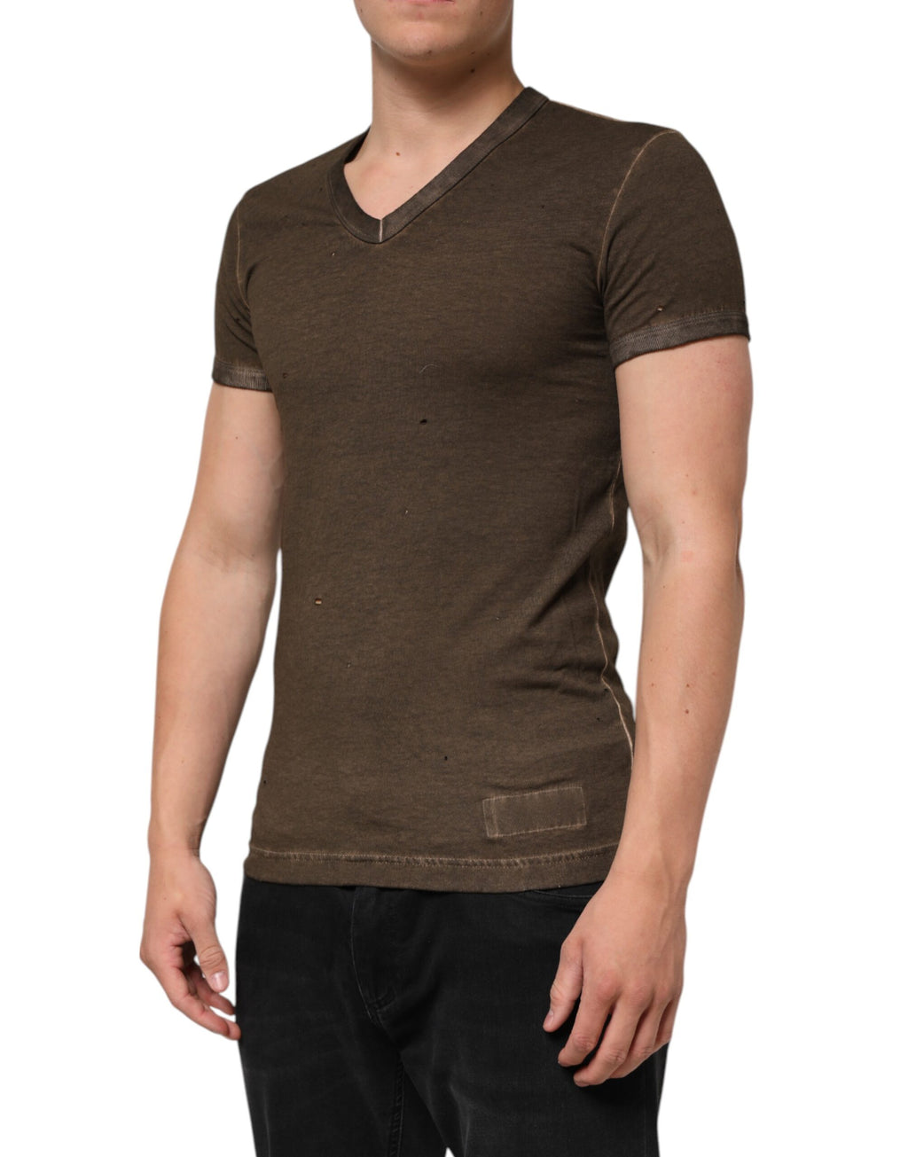 Dolce & Gabbana Dark Brown Cotton Tattered Logo Men T-shirt