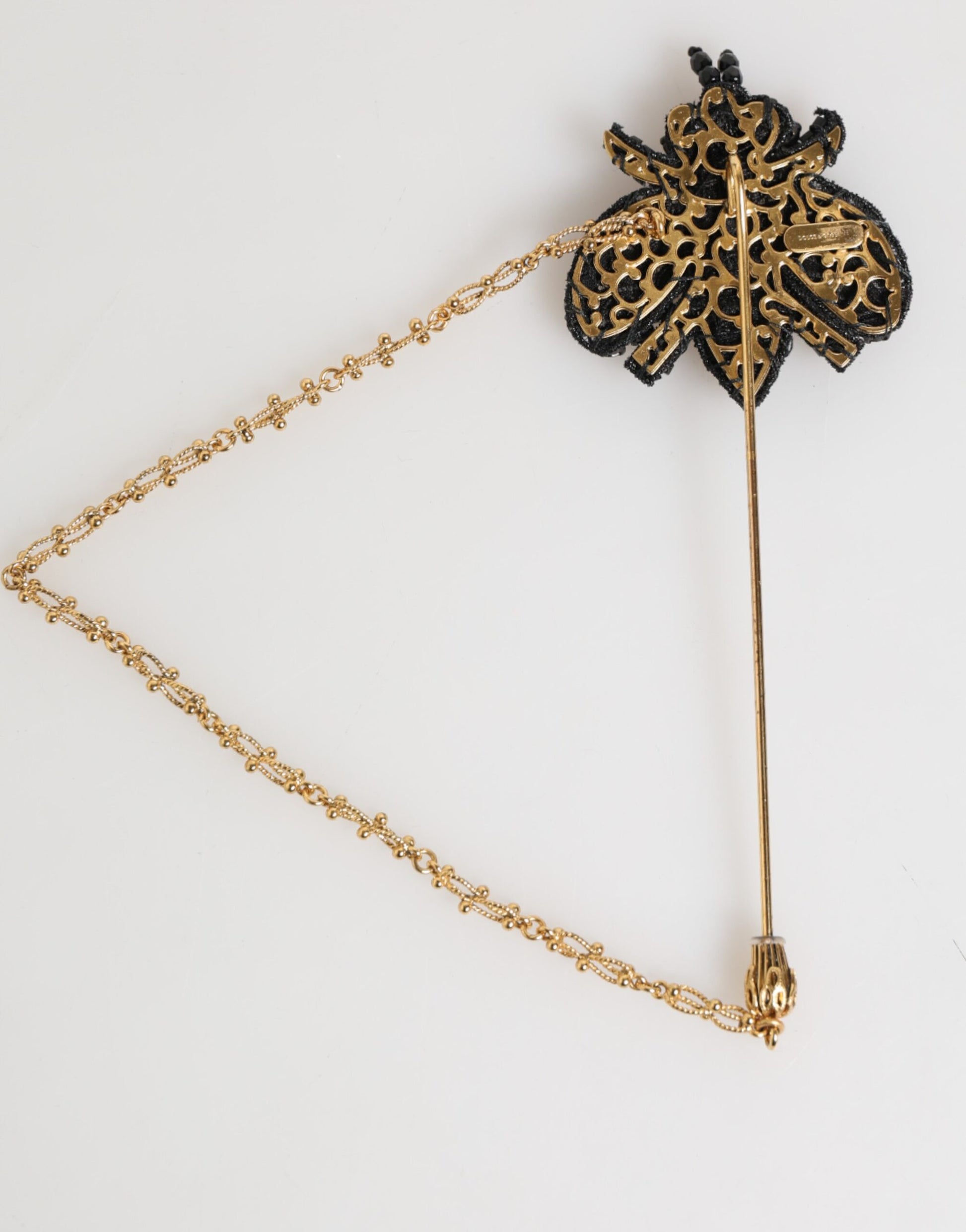 Dolce & Gabbana Lapel Pin Gold Brass Black Crystal Bee Accessories Brooch