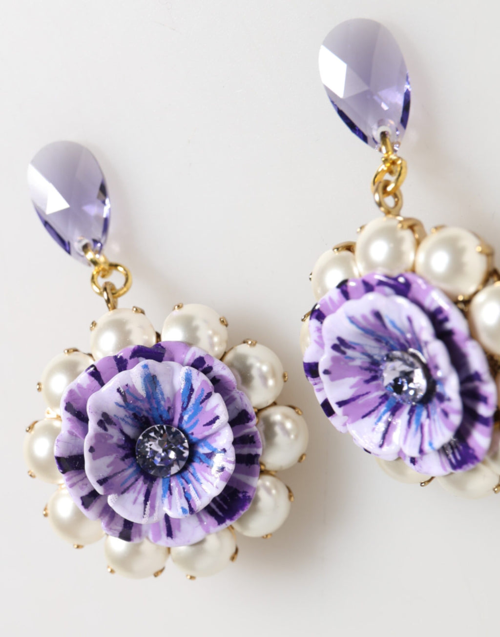 Dolce & Gabbana Purple Floral Crystal Pearl Drop Clip-On Statement Earrings