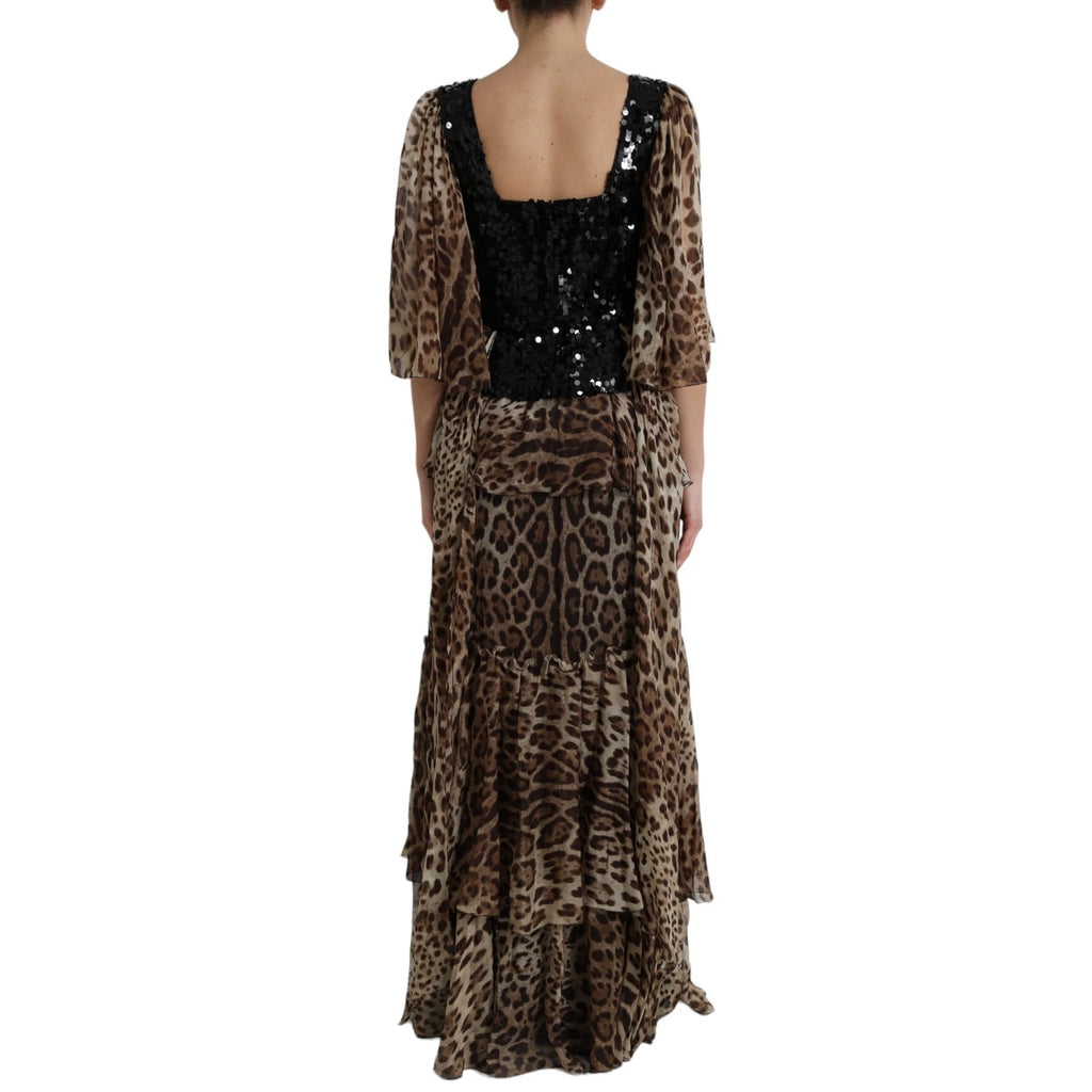 Dolce & Gabbana Leopard Print Silk Sequin Ruffle Maxi Dress