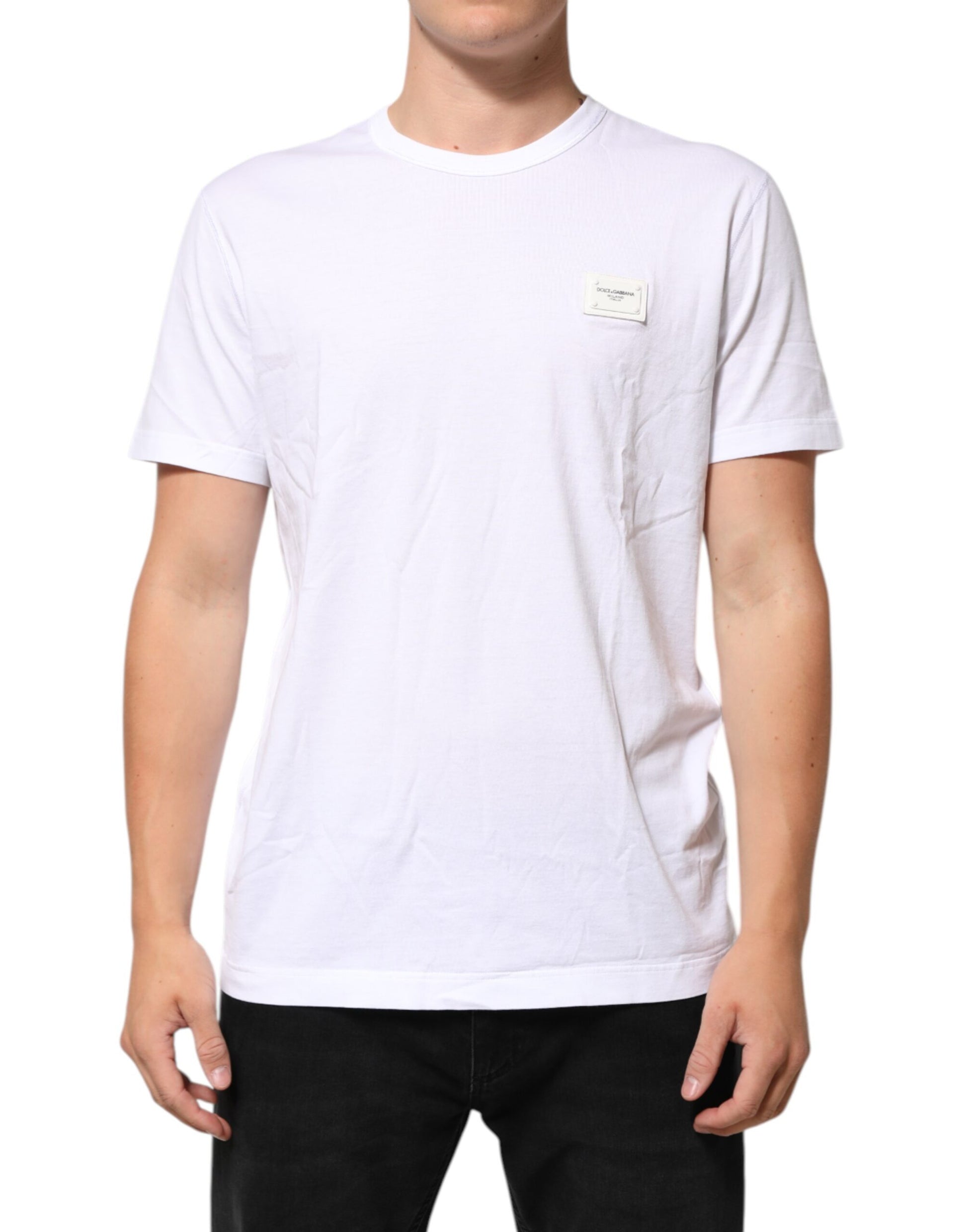 Dolce & Gabbana White Logo Plaque Cotton Crew Neck T-shirt