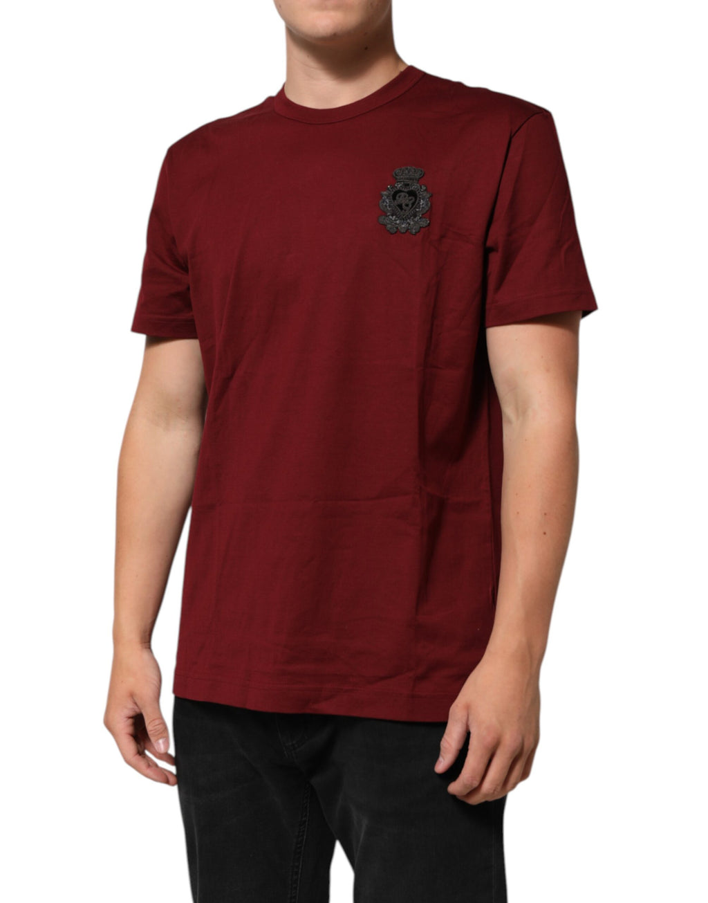 Dolce & Gabbana Bordeaux Red Cotton Crest Logo Patch T-Shirt