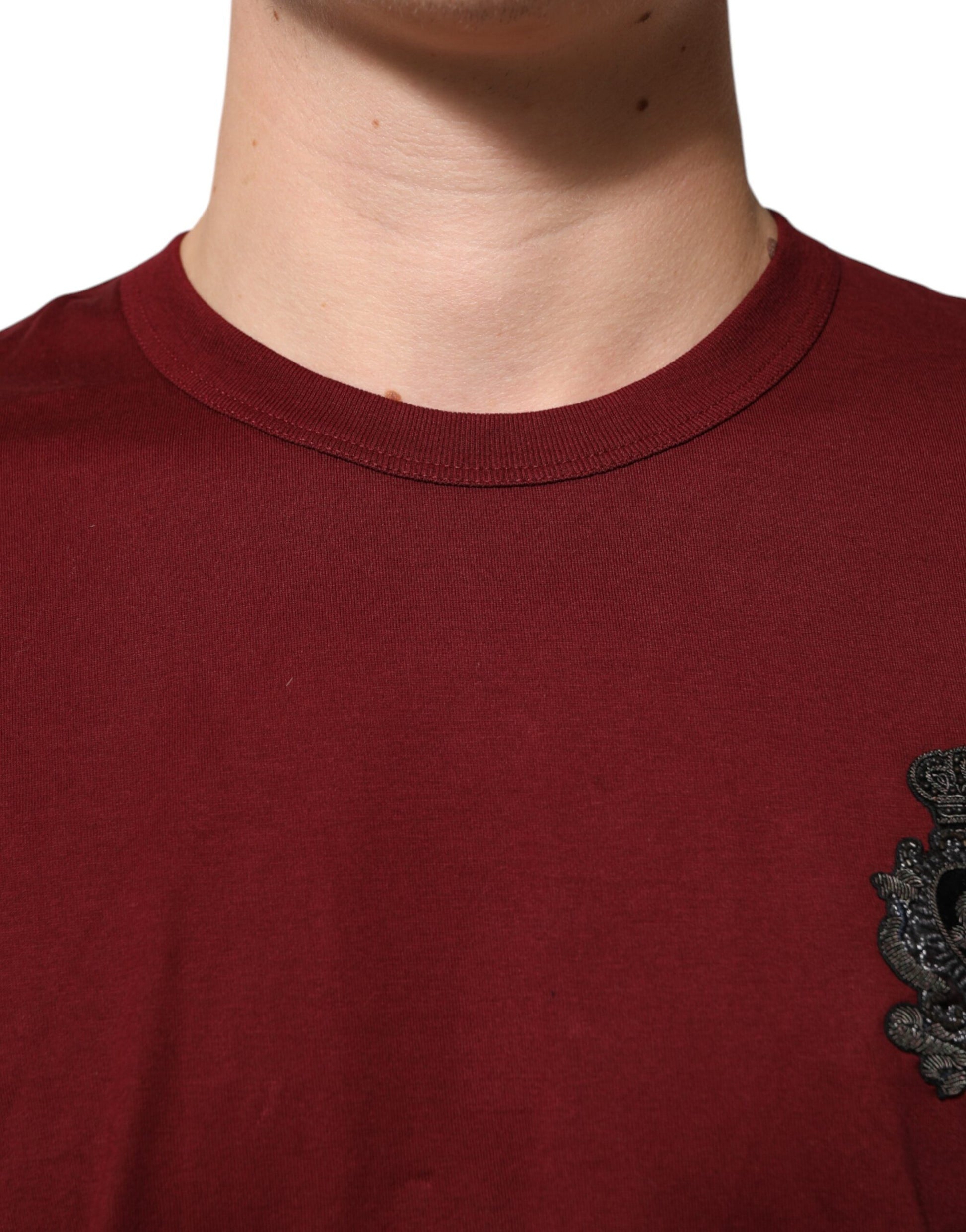 Dolce & Gabbana Bordeaux Red Cotton Crest Logo Patch T-Shirt