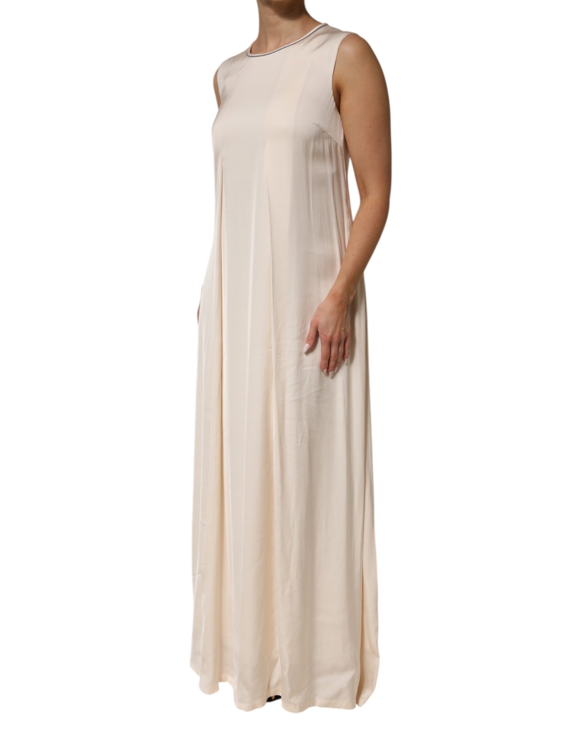 Peserico Beige Viscose Pleated Sleeveless Long Maxi Dress