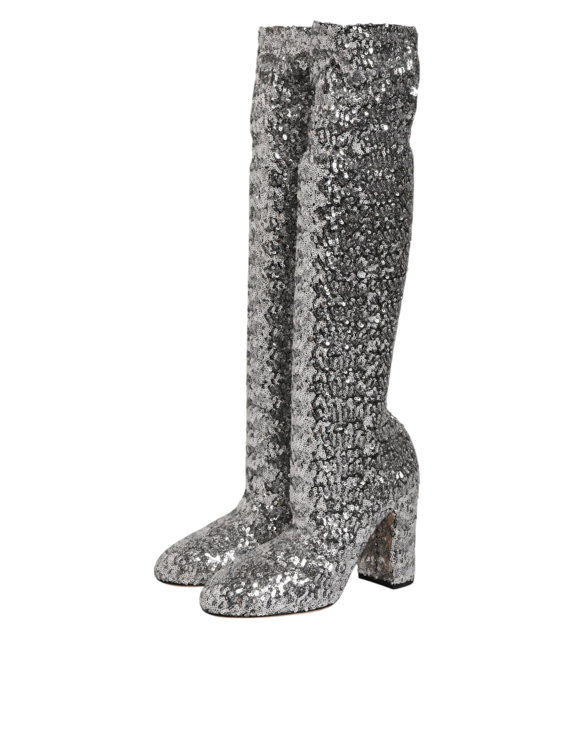 Dolce & Gabbana Shoes Silver Sequins Glitter High Heel Boot Shoes