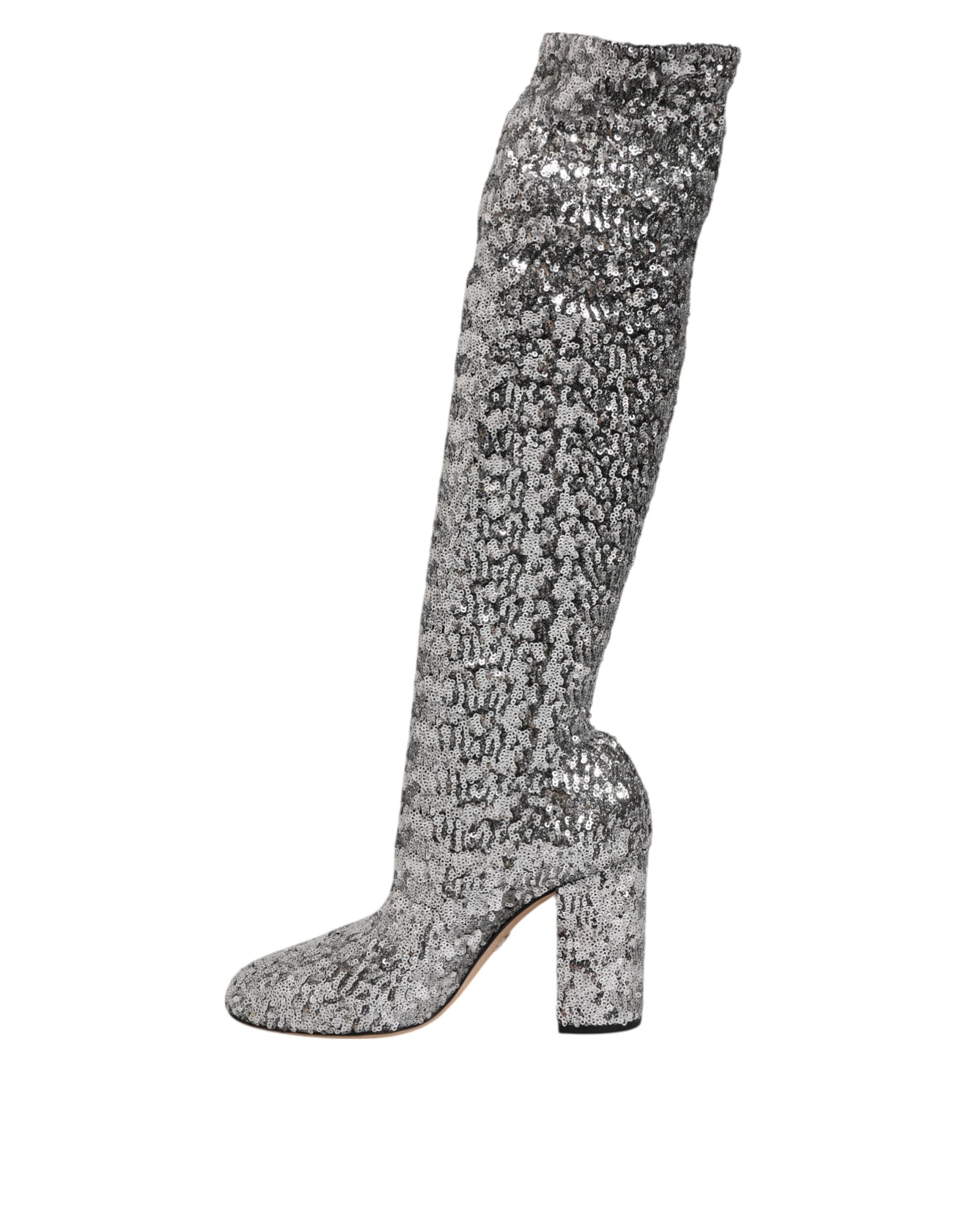 Dolce & Gabbana Shoes Silver Sequins Glitter High Heel Boot Shoes