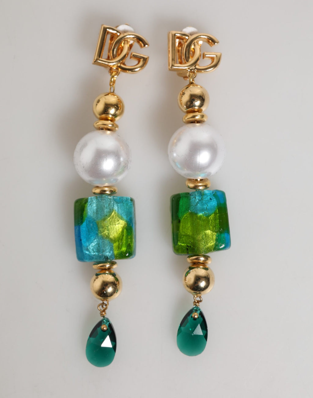 Dolce & Gabbana Gold Brass Multicolour Pearl Green Blue Drop Logo DG Earrings