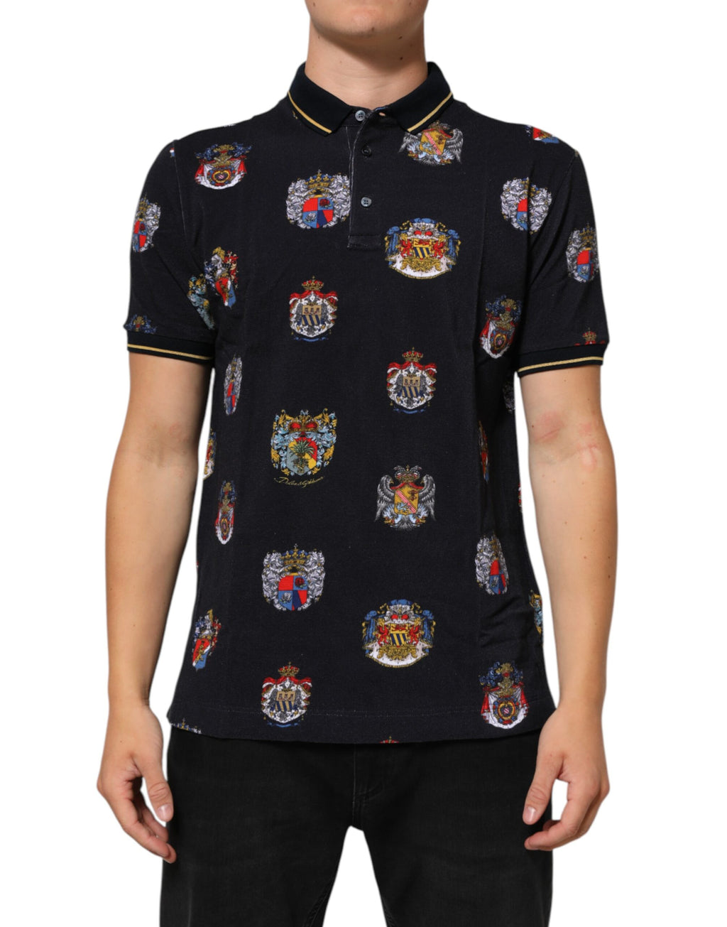 Dolce & Gabbana Blue Heraldic Crest Print Polo Shirt T-shirt