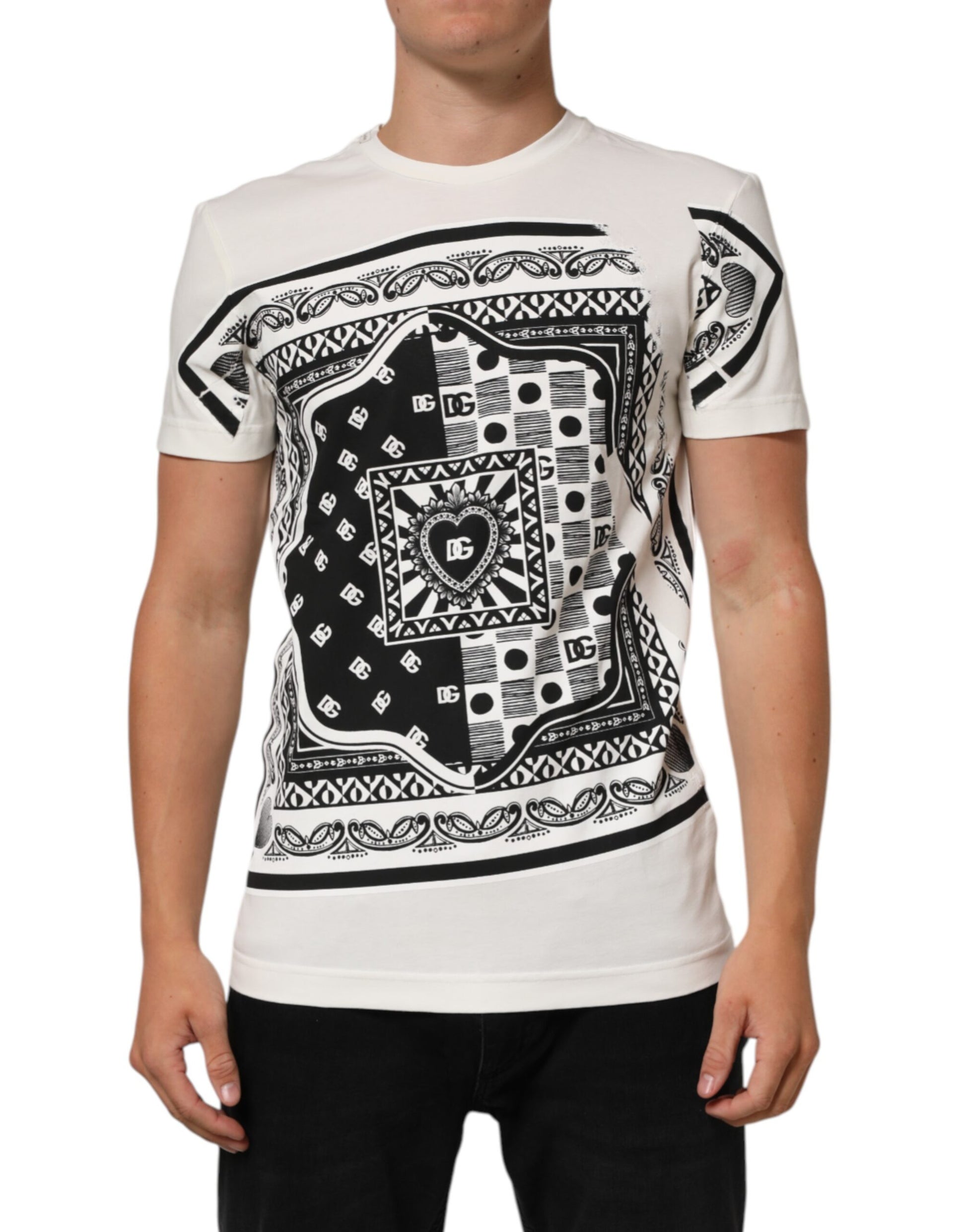 Dolce & Gabbana White Cotton Logo Bandana Print Men T-shirt