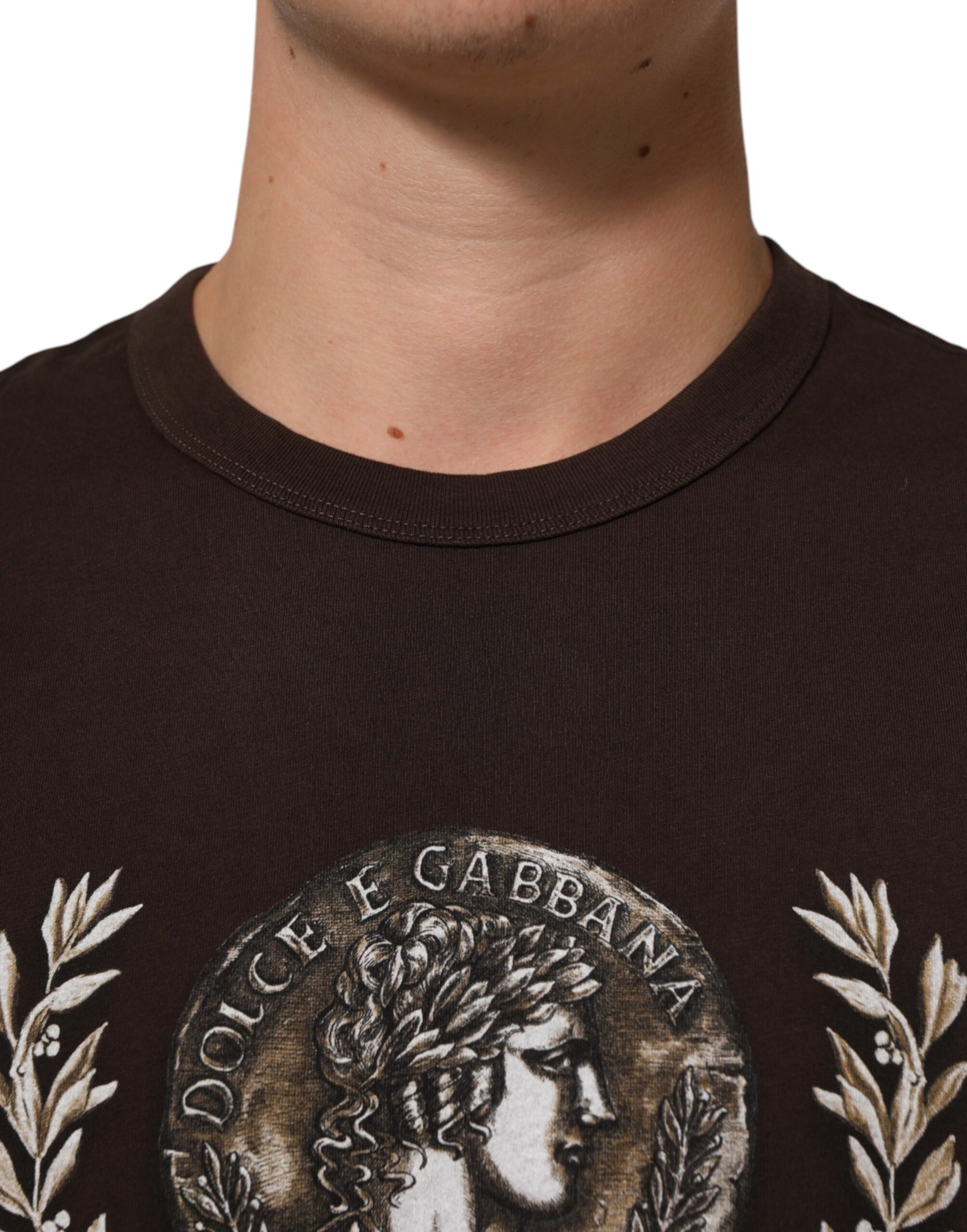 Dolce & Gabbana Brown Coin Laurel Print Men Crew Neck T-shirt