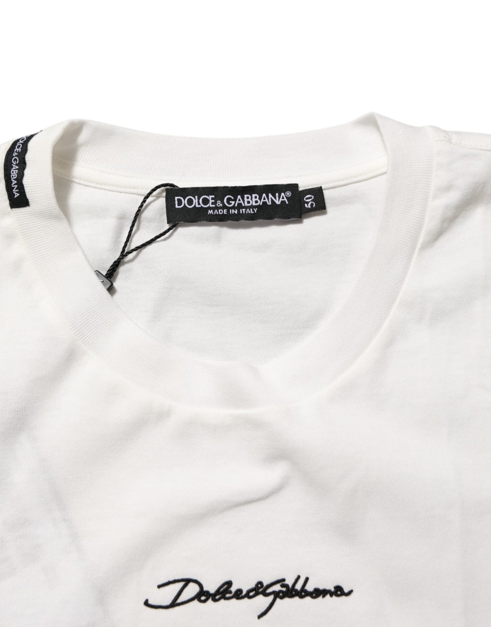 Dolce & Gabbana White Cotton Logo Print Crew Neck Men T-shirt